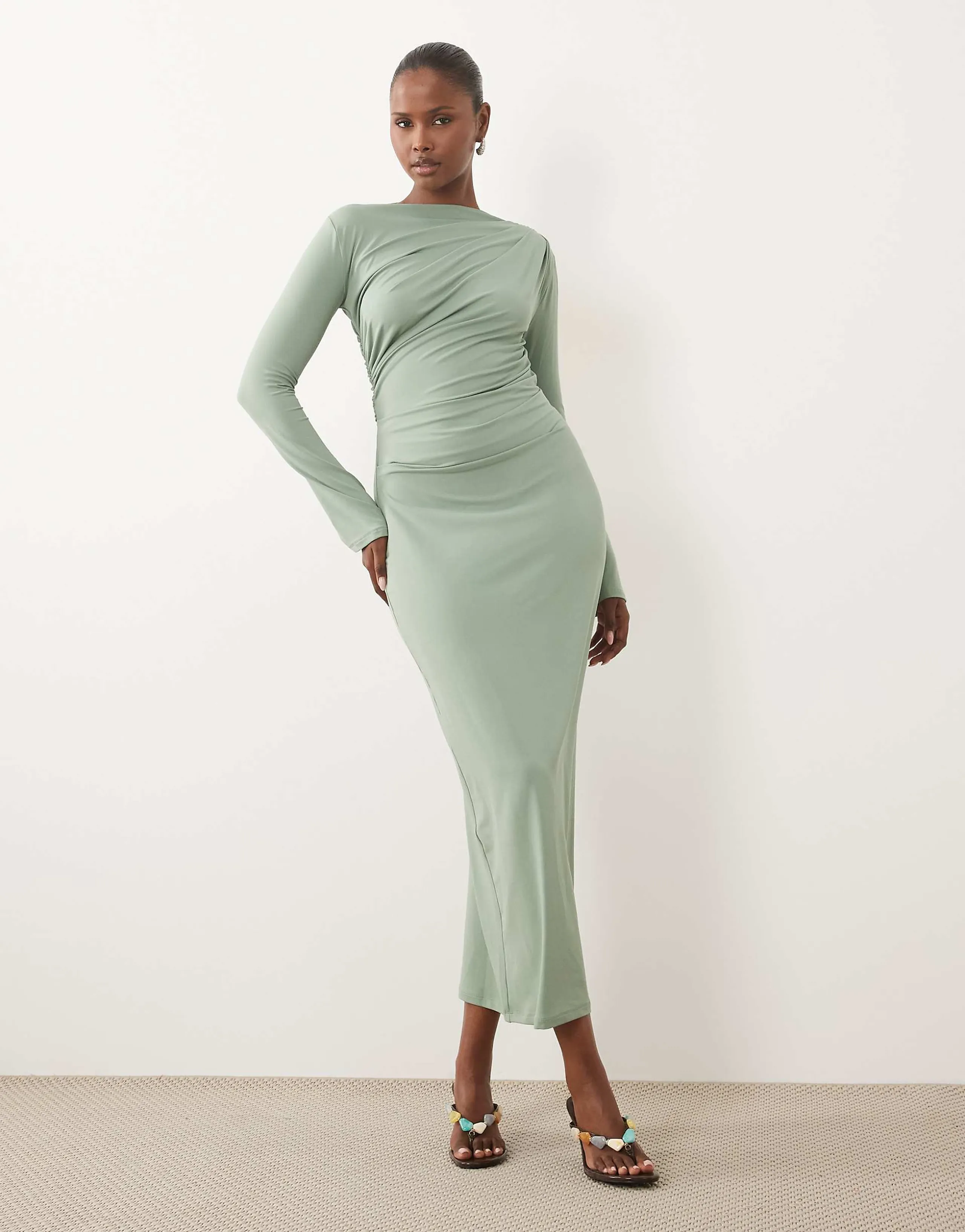 ASOS DESIGN asymmetric drape slash neck maxi dress in sage green