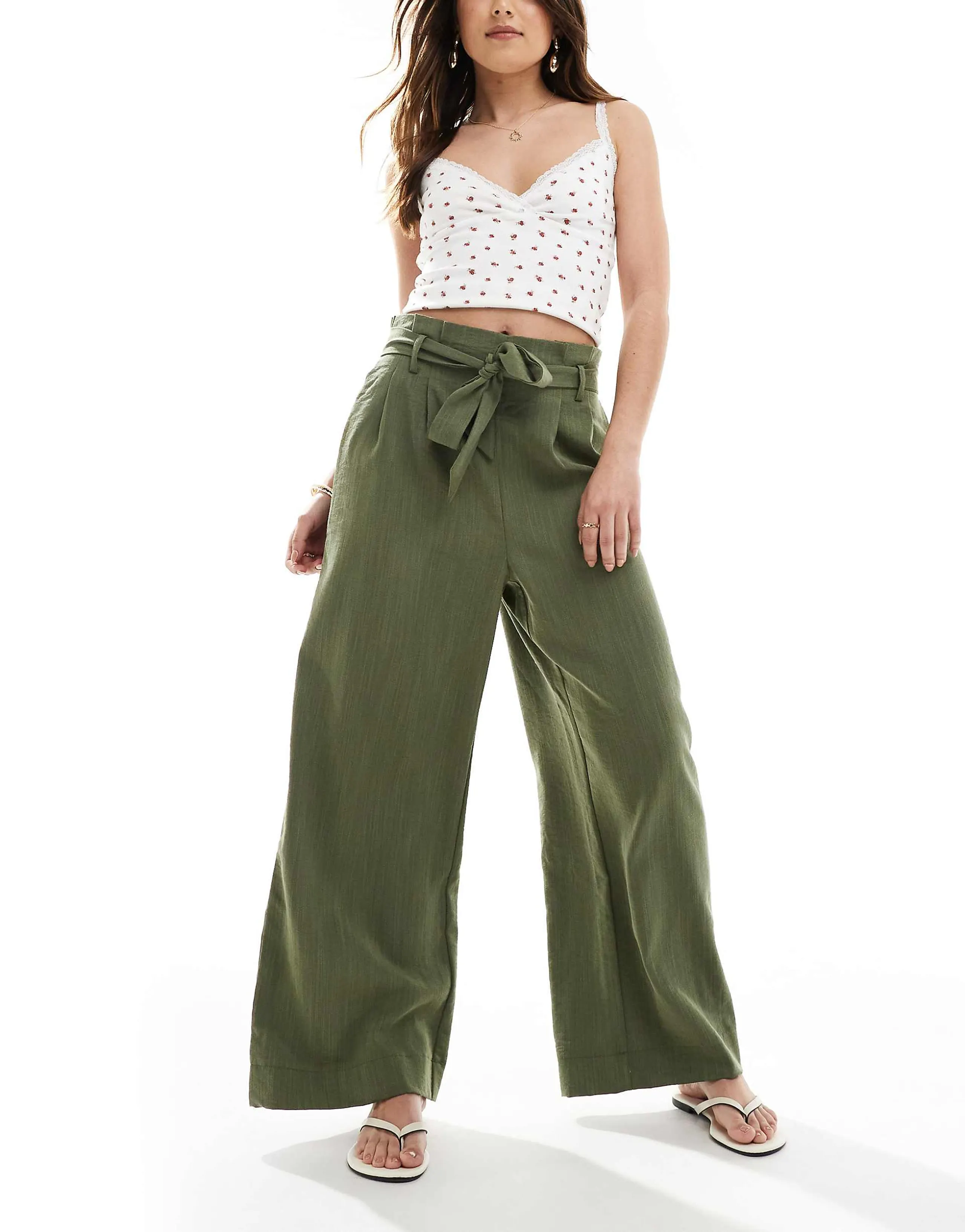 ONLY tie waist wide leg pants in khaki