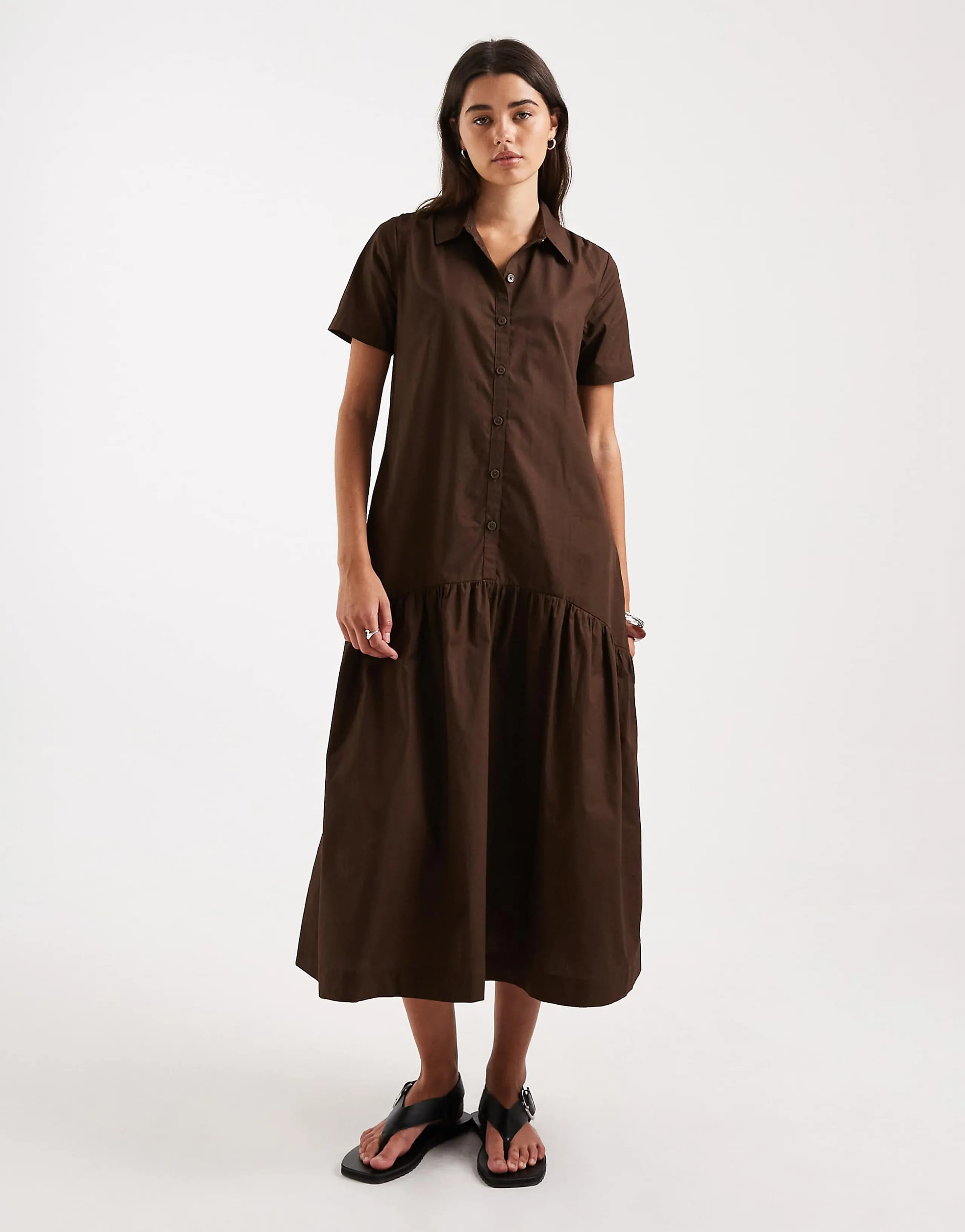 Threadbare poplin tiered midi shirt dress in chocolate brown