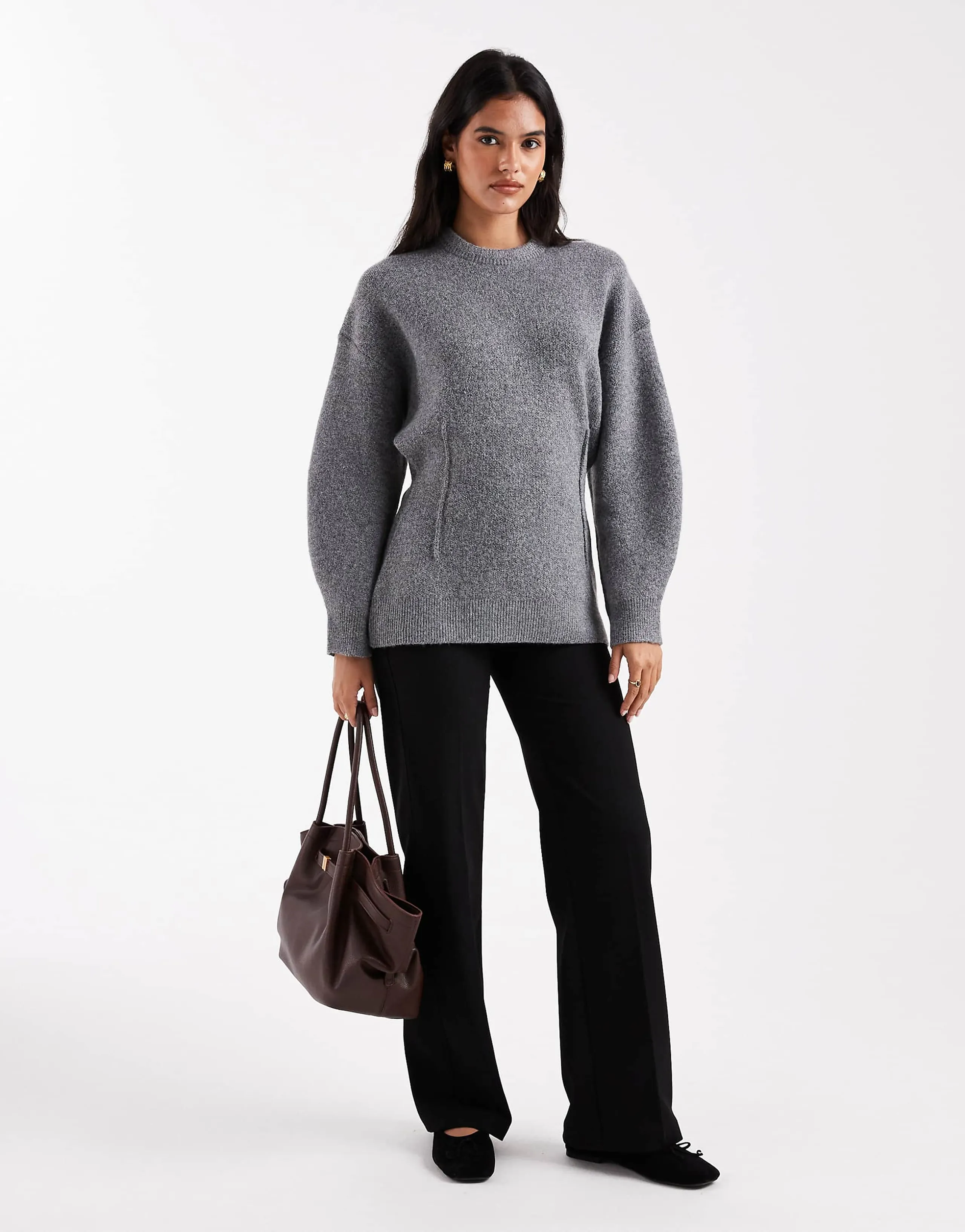 ASOS DESIGN structured longline waisted crew neck sweater in gray