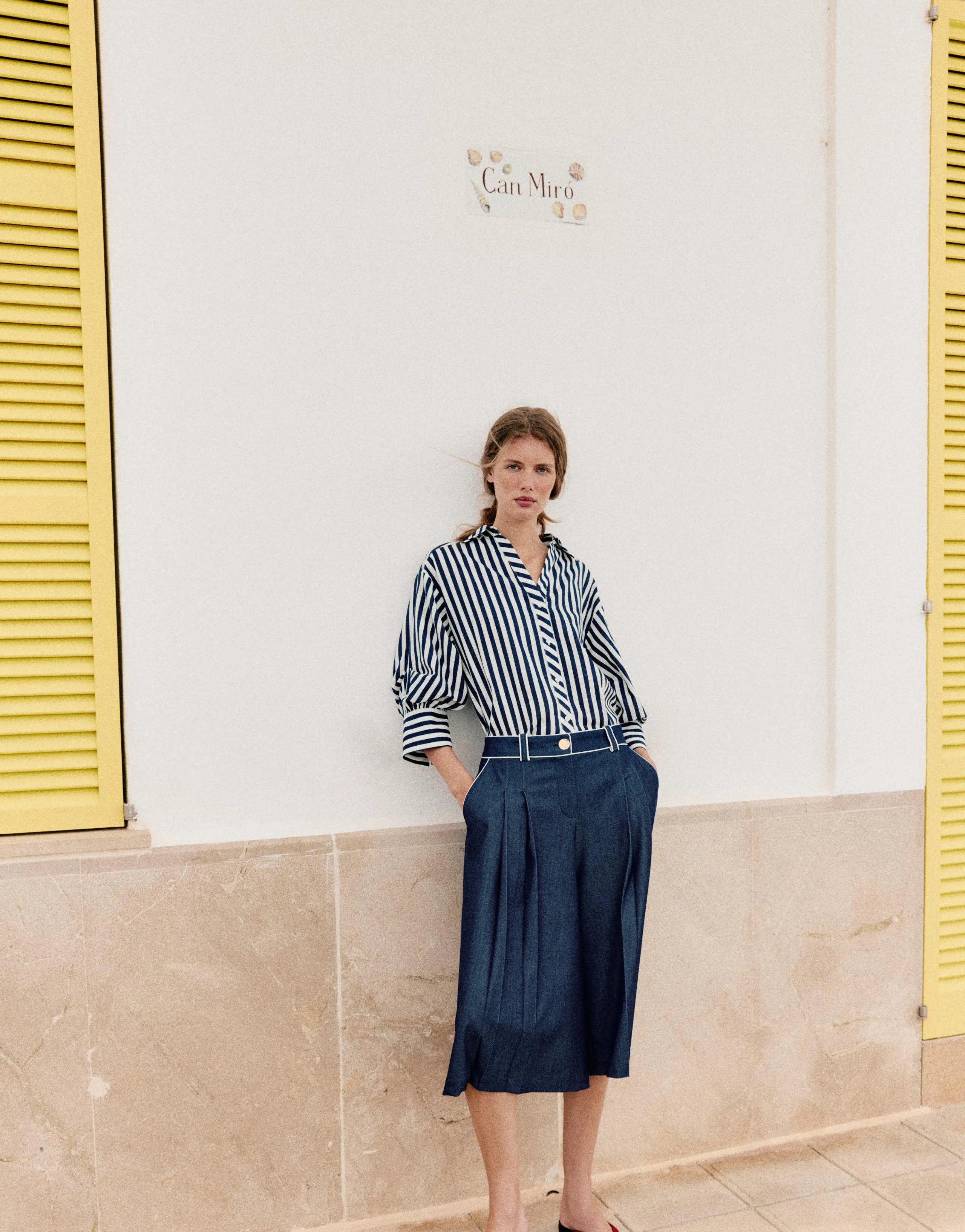 STRIPED LINEN BLEND PUFF SLEEVE SHIRT