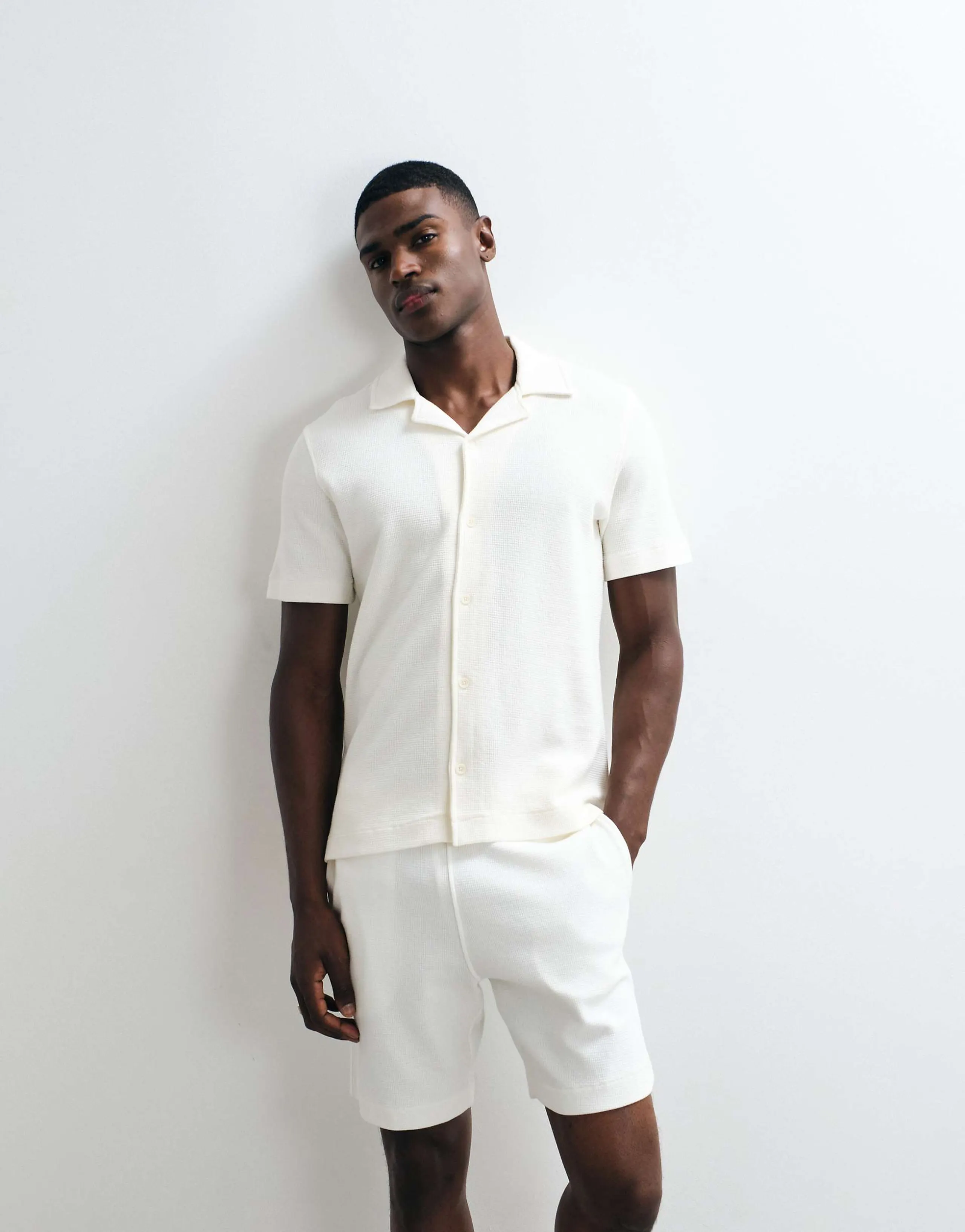 Mango waffle textured short sleeve shirt in ecru - part of a set