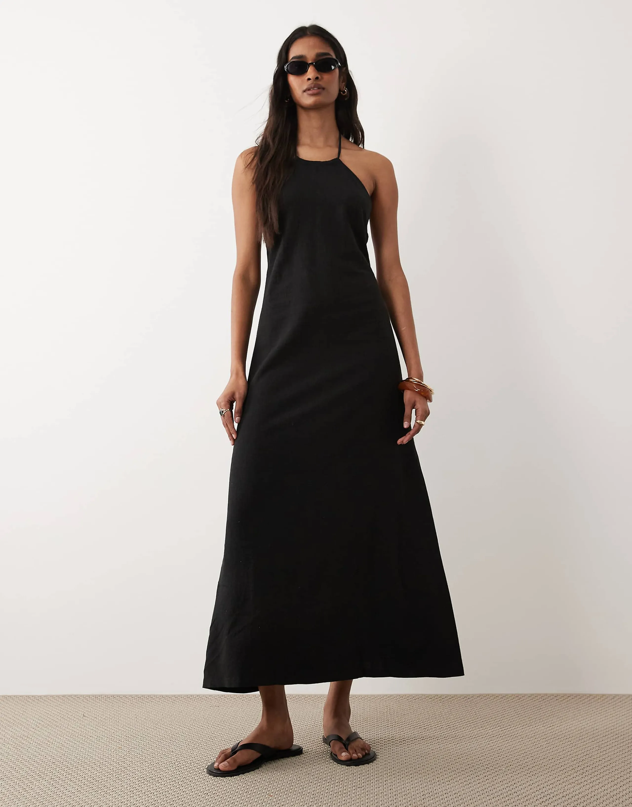 Miss Selfridge linen mix halter maxi dress in black