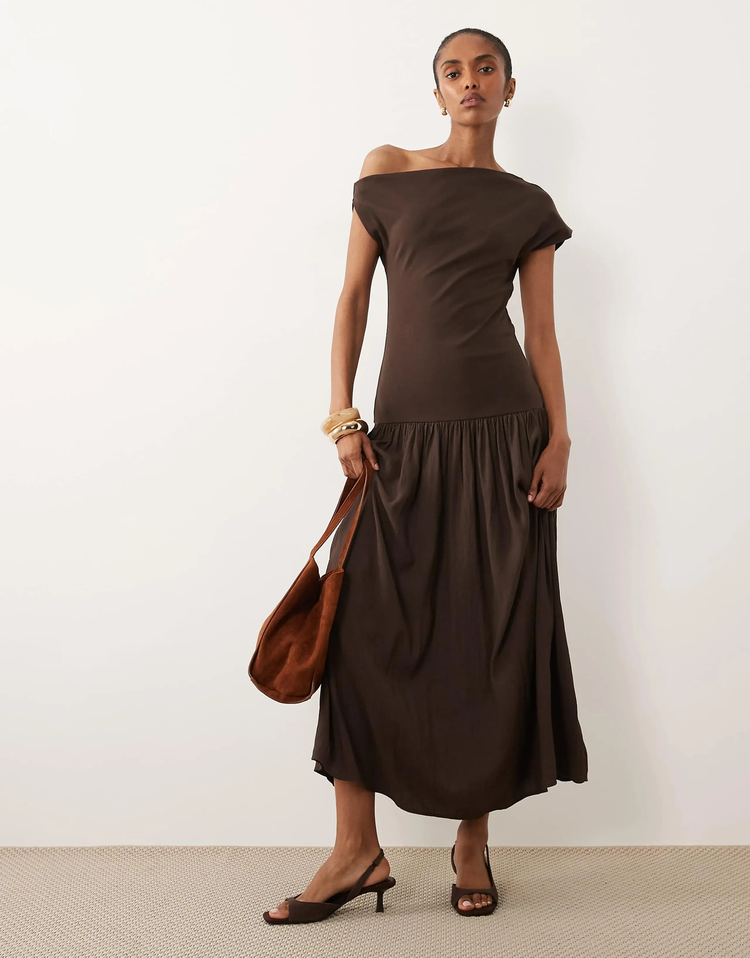 Mango asymmetric sleeveless drop waist maxi dress in brown