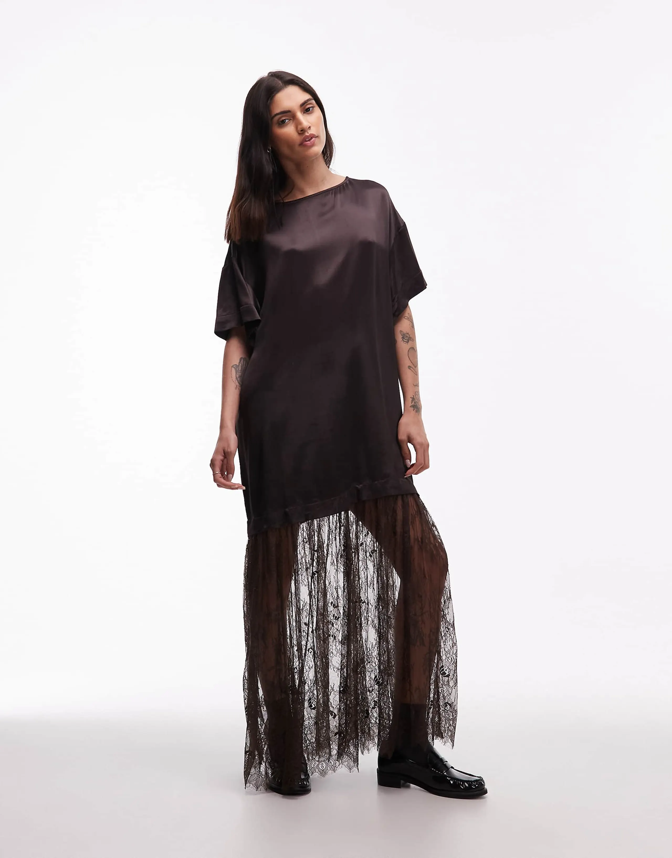 ASOS DESIGN satin T-shirt hybrid maxi dress with lace skirt in deep chocolate