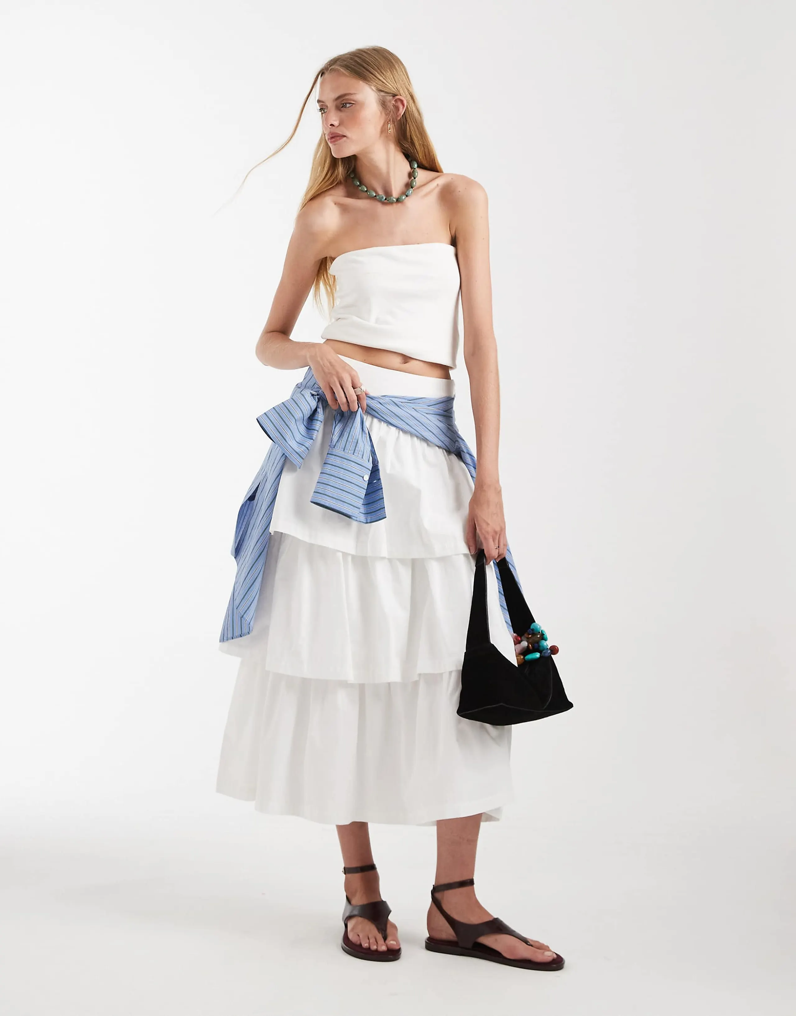 ASOS DESIGN tiered dropped waist boho midi skirt in white