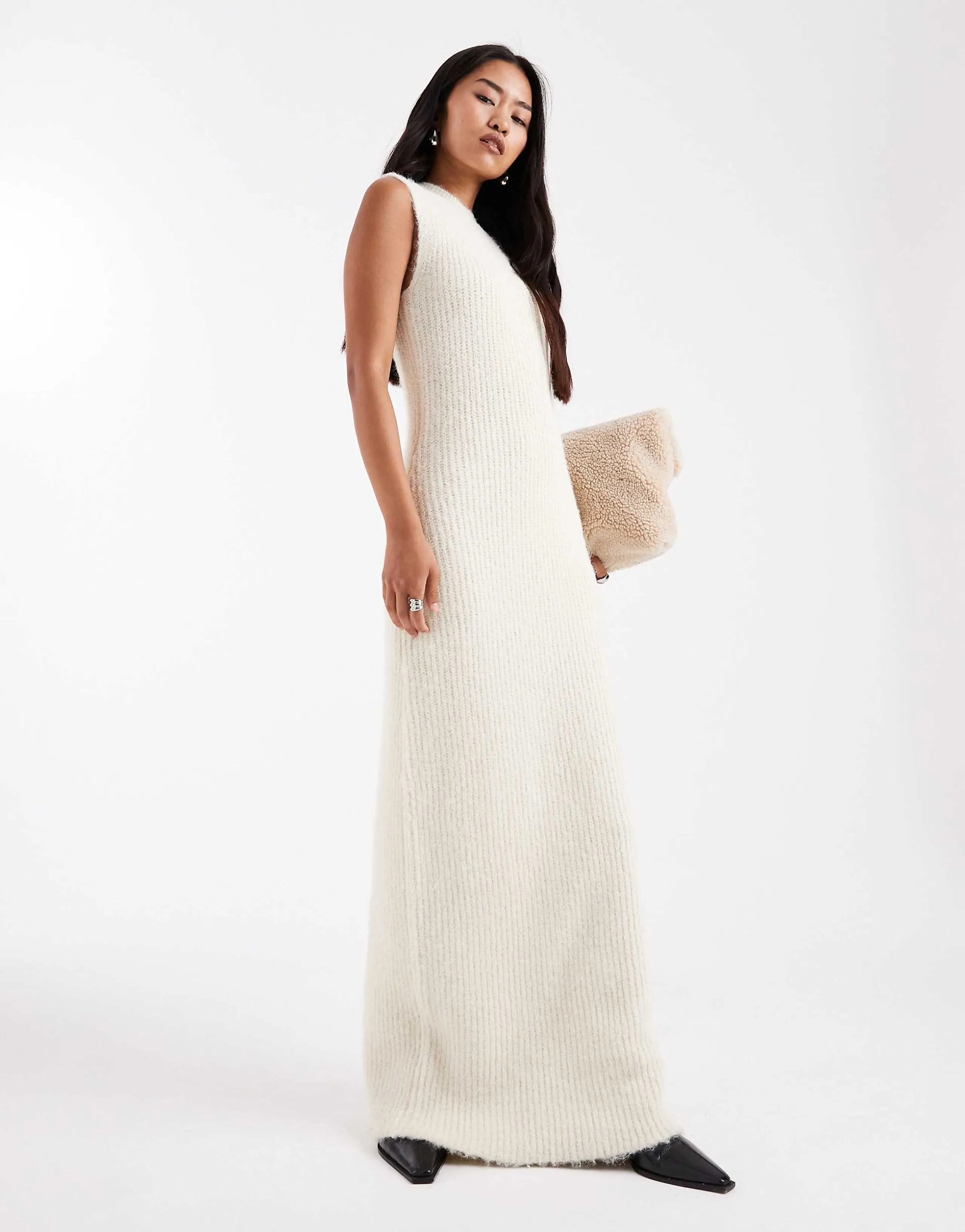 4th & Reckless wool feel soft knit high neck sleeveless maxi sweater dress in cream