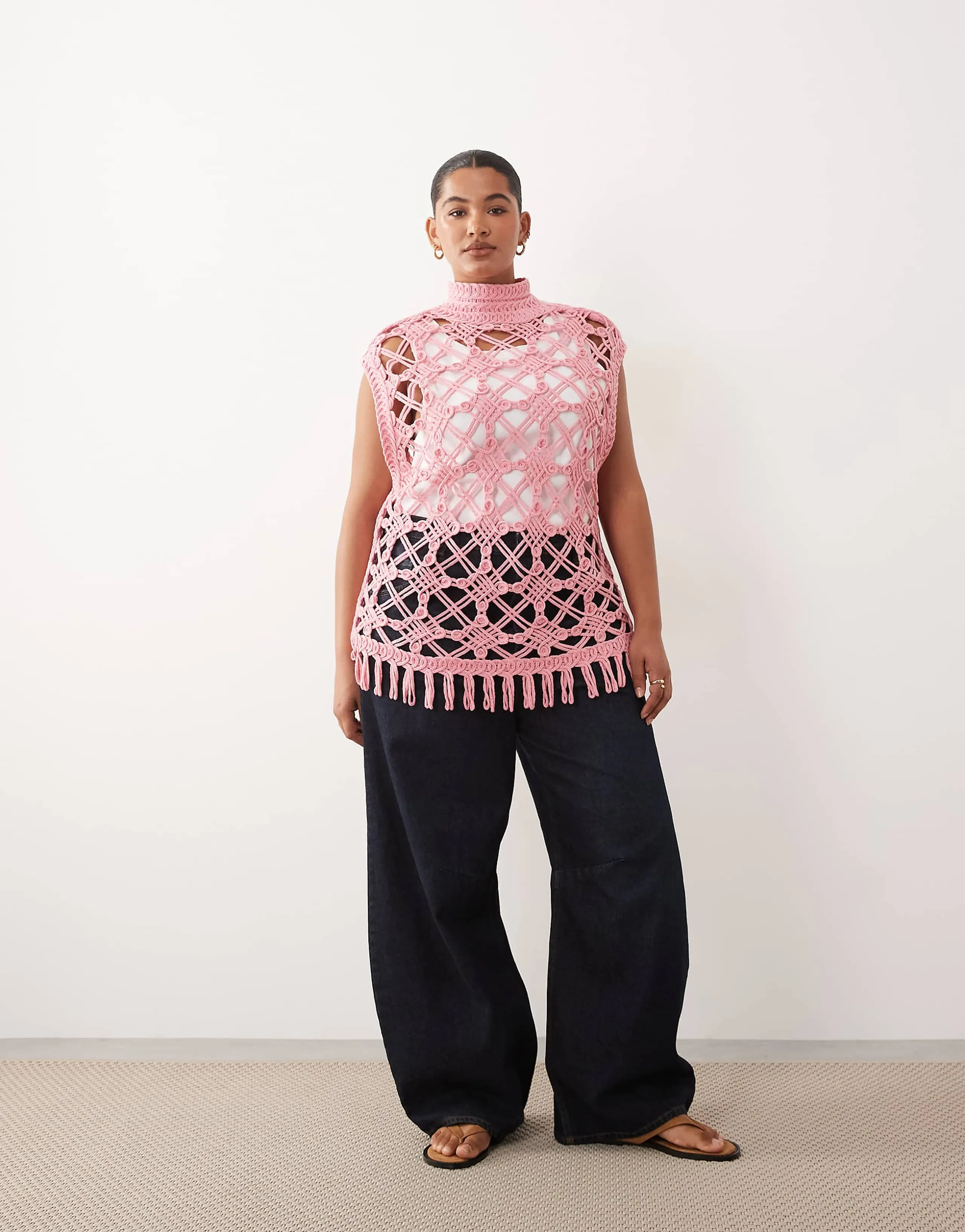 ARRANGE Curve open knit sleeveless top in pink