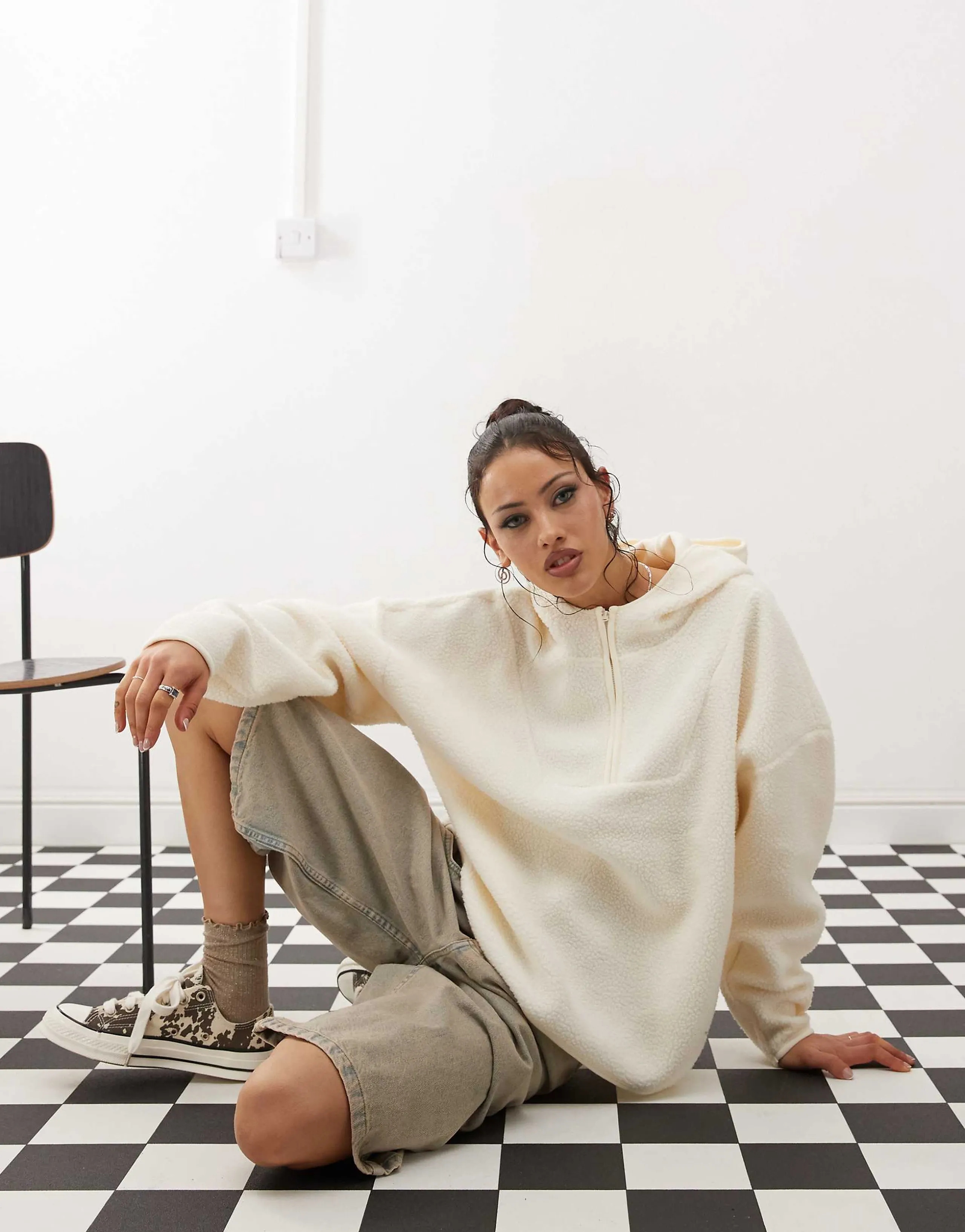Noisy May 1/4 zip hooded fleece in cream