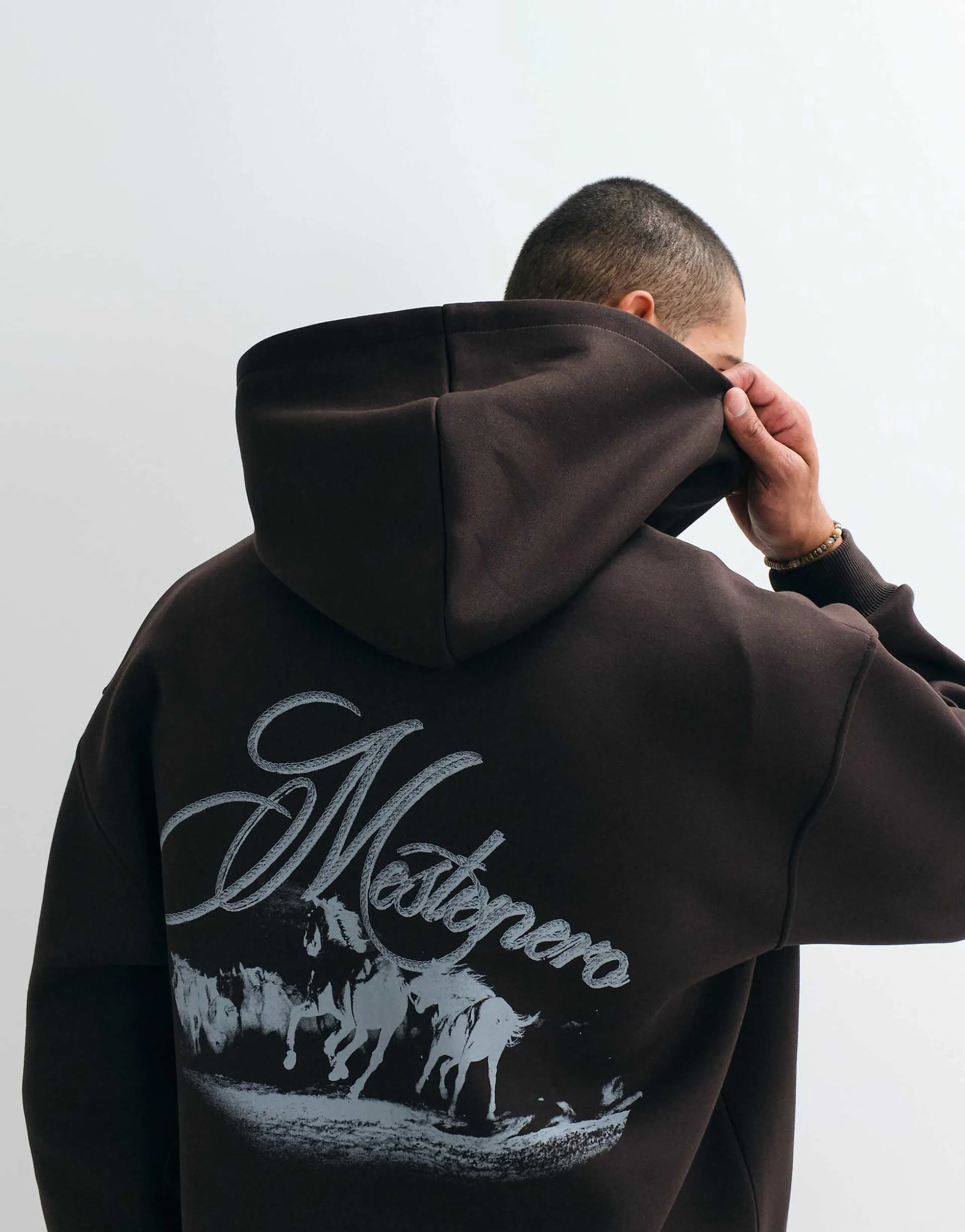 ASOS DESIGN zip up hood with horse back print in brown