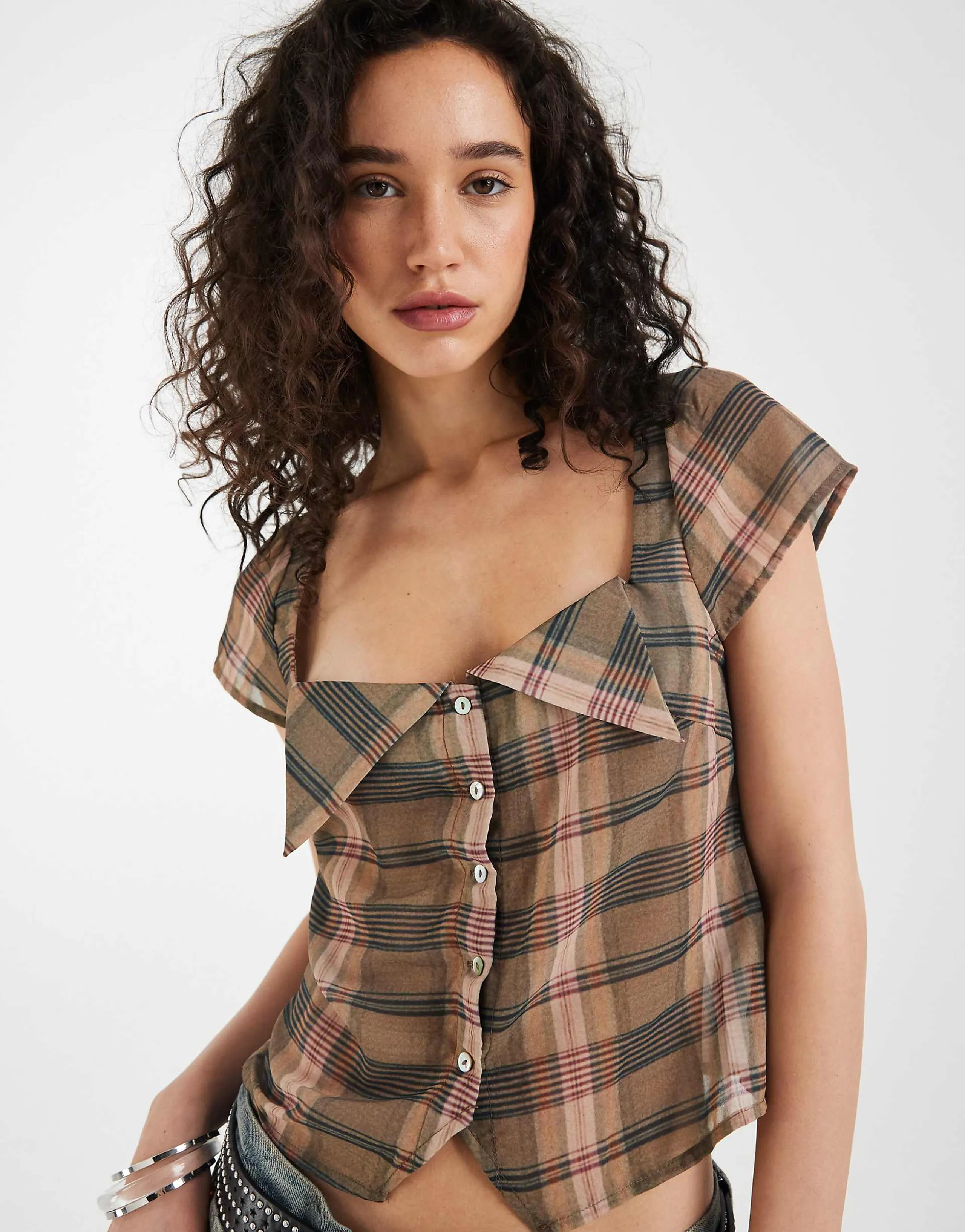 Motel Meraki square neck button up blouse in blurry pink brown plaid
