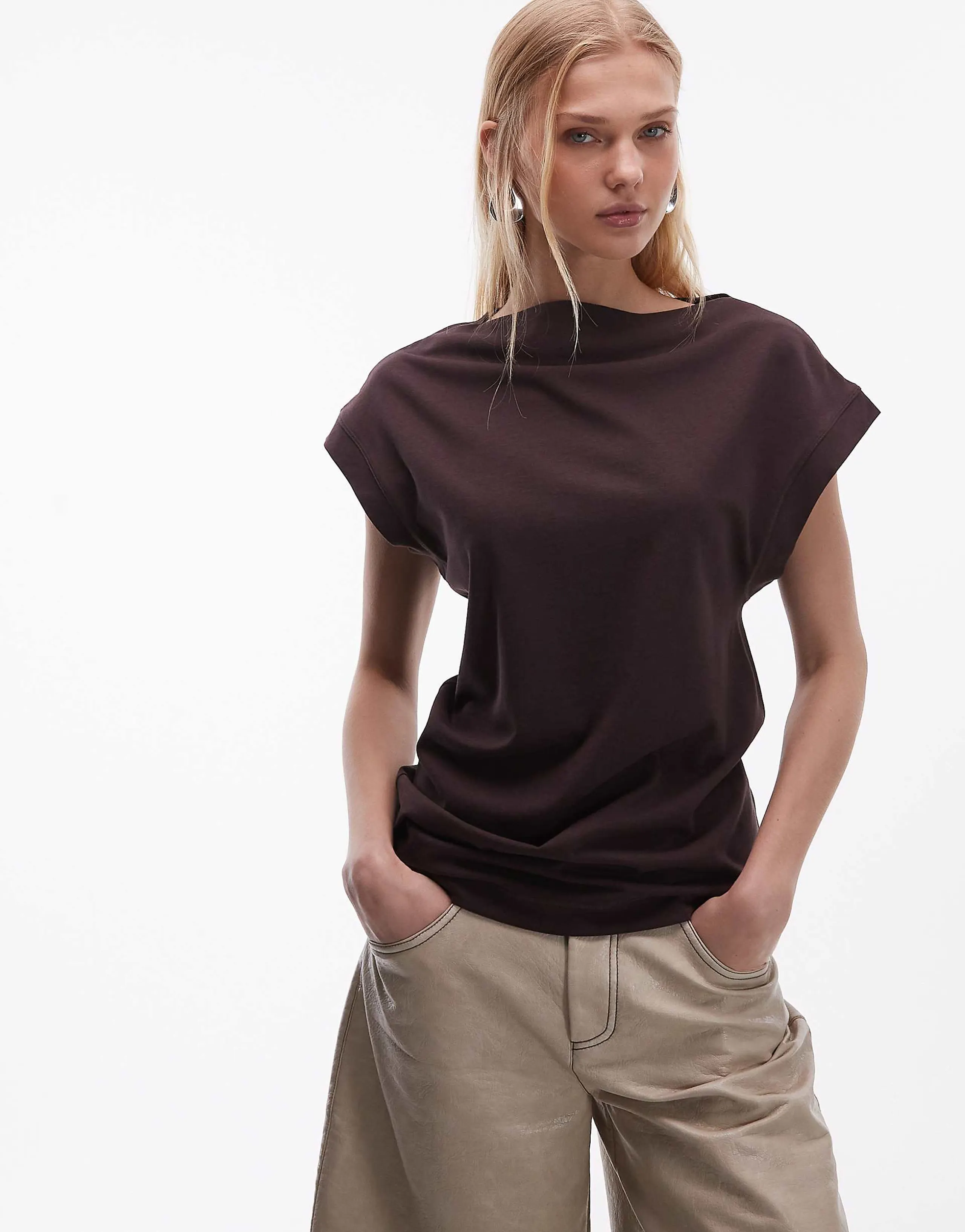ARKET drapey short sleeve t-shirt in chocolate brown