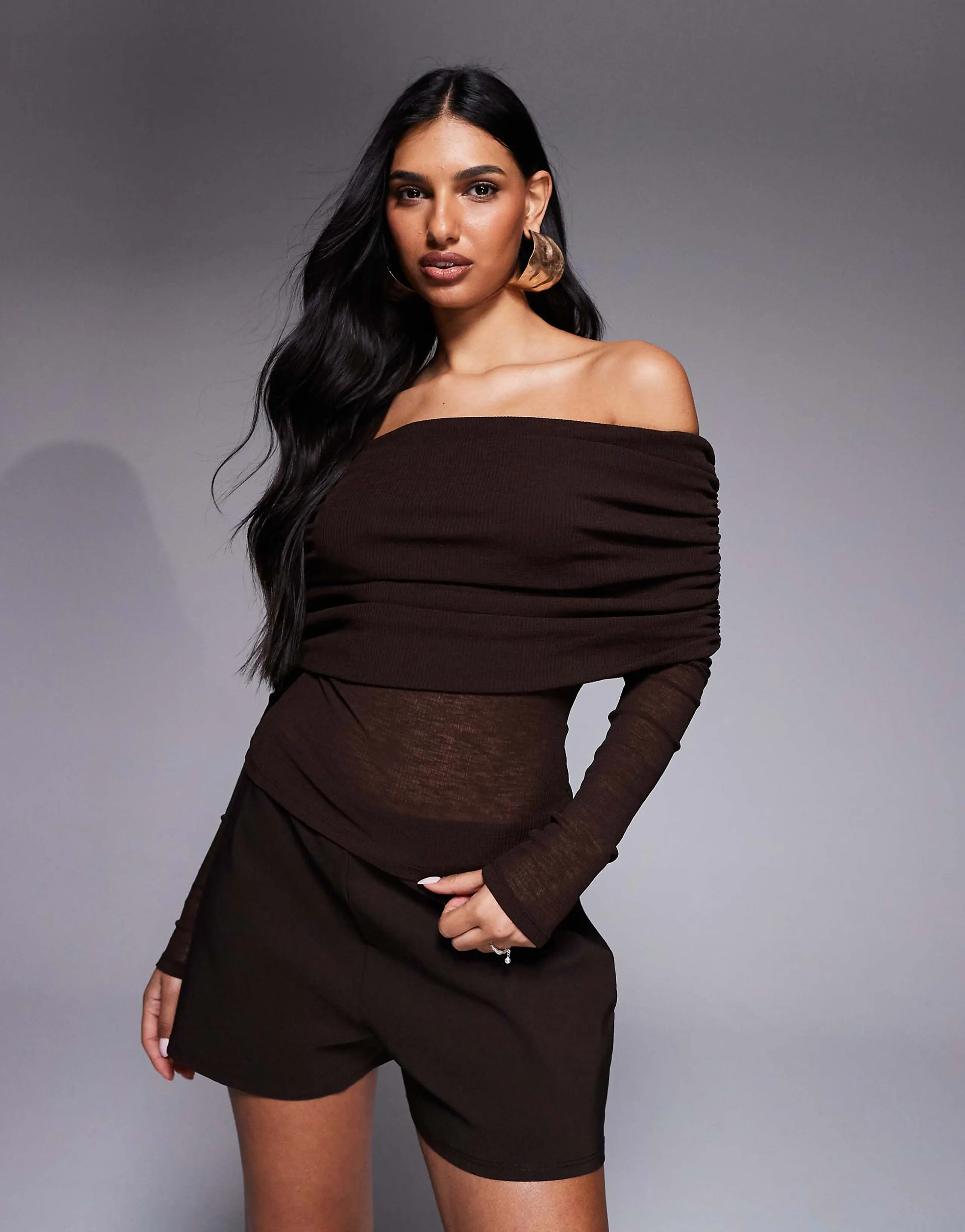 ASOS DESIGN ribbed off the shoulder long sleeve top in chocolate