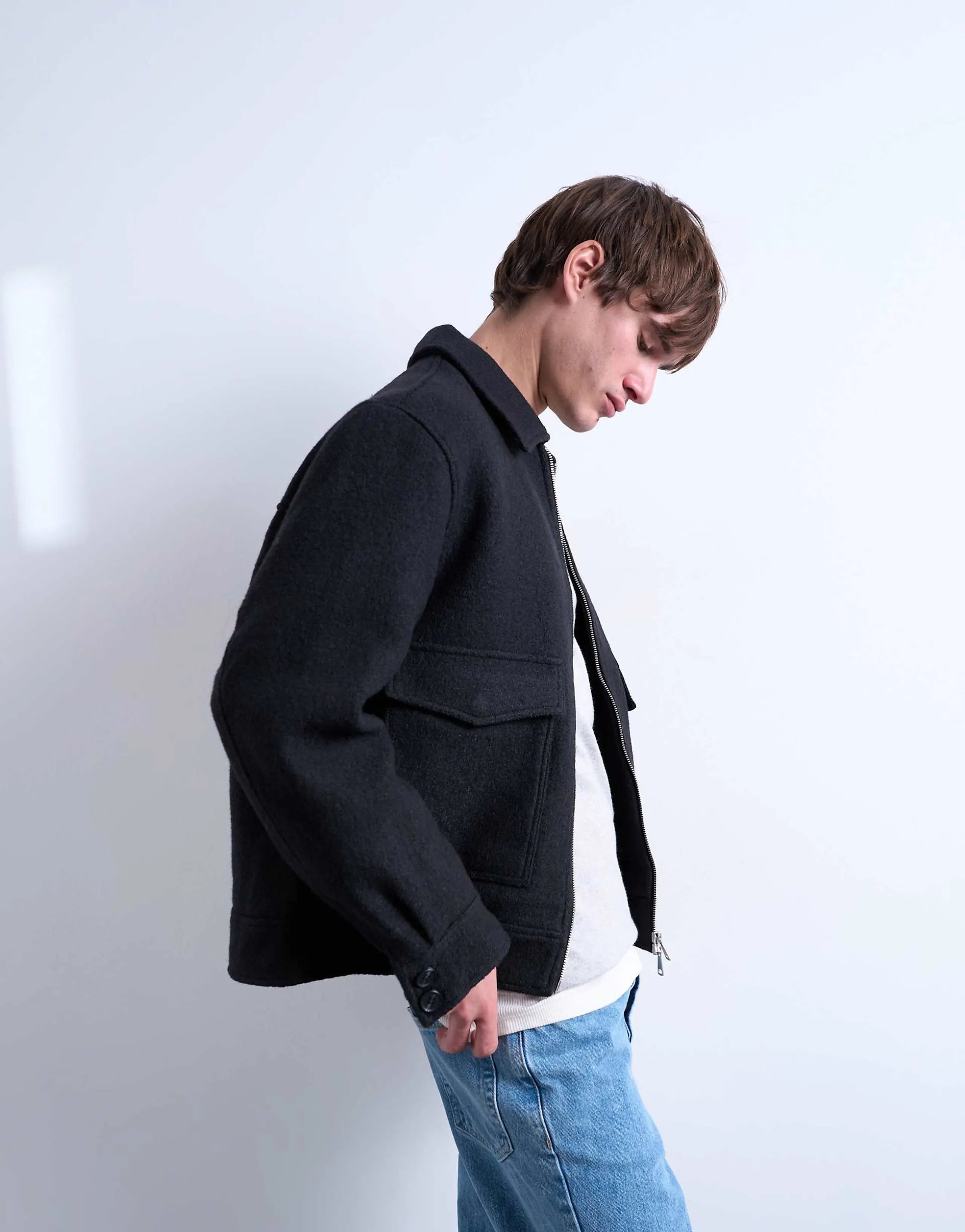Topman wool blend zip up shacket in dark gray
