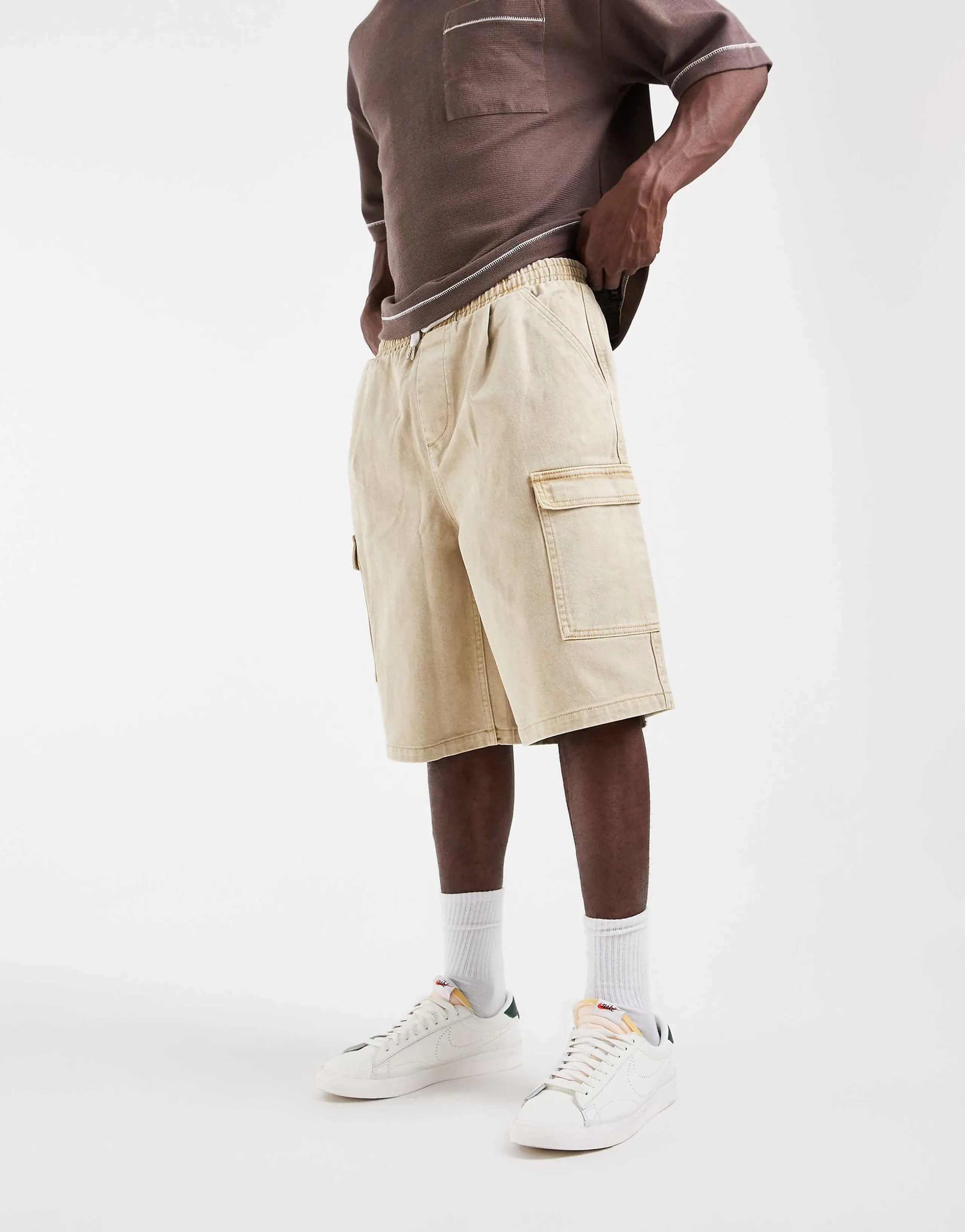 ASOS DESIGN pull-on loose denim cargo jorts in beige 
