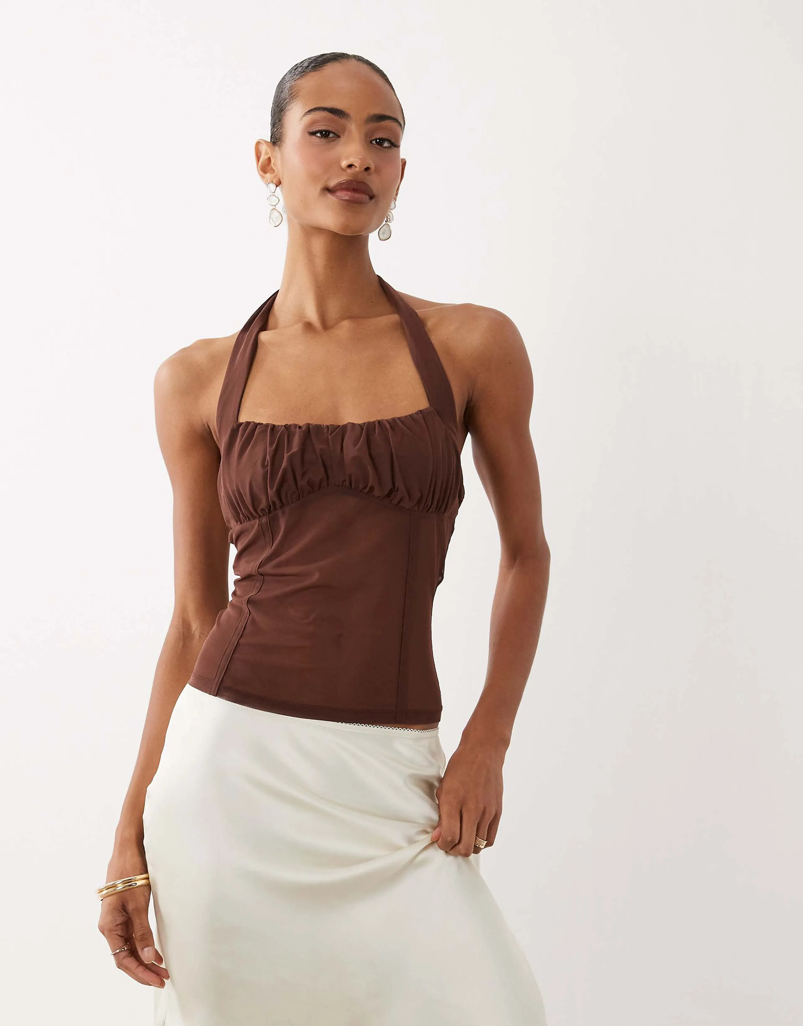 ASOS DESIGN ruched square neck corset look halter top in brown