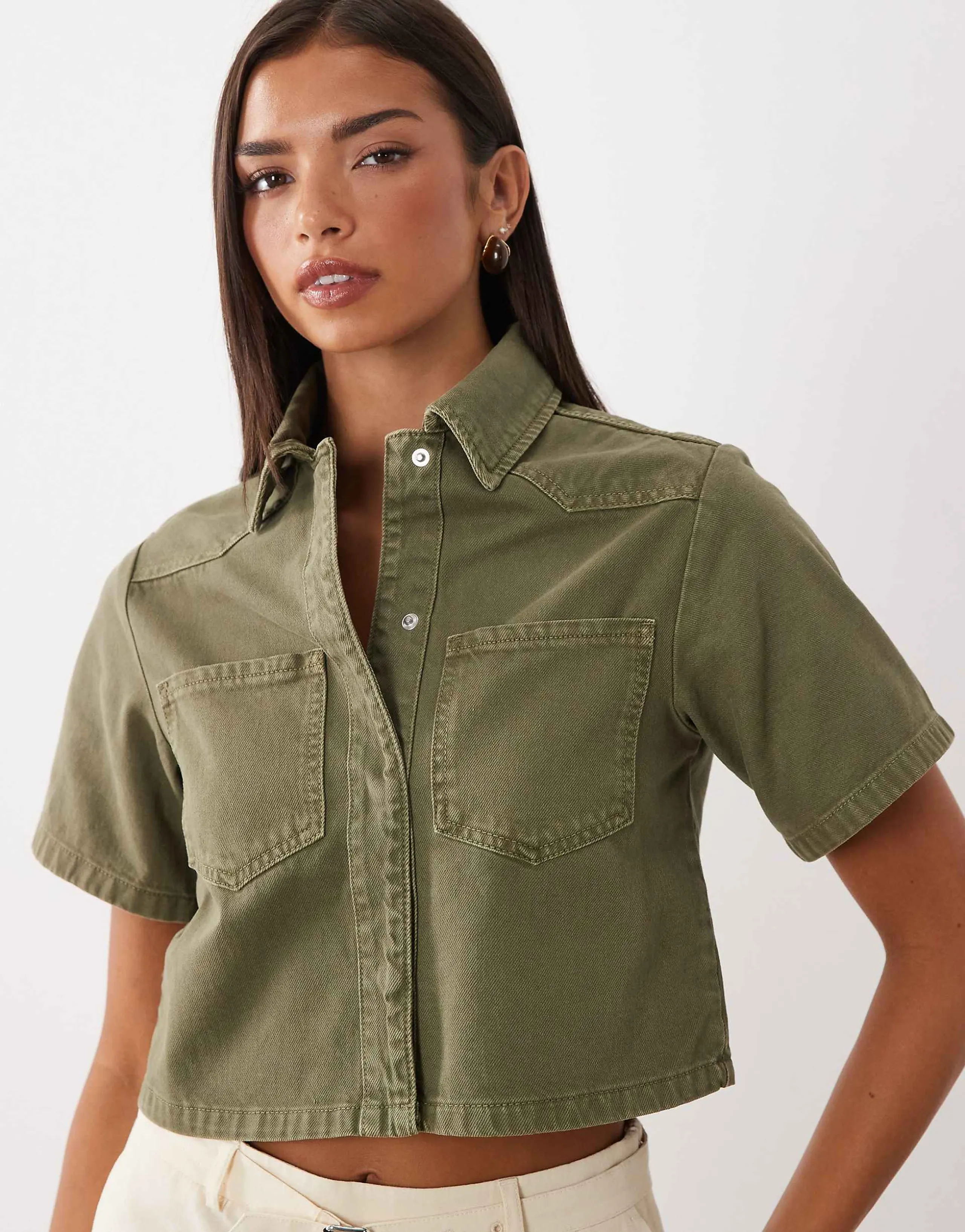 ASOS DESIGN denim cropped shirt in khaki green