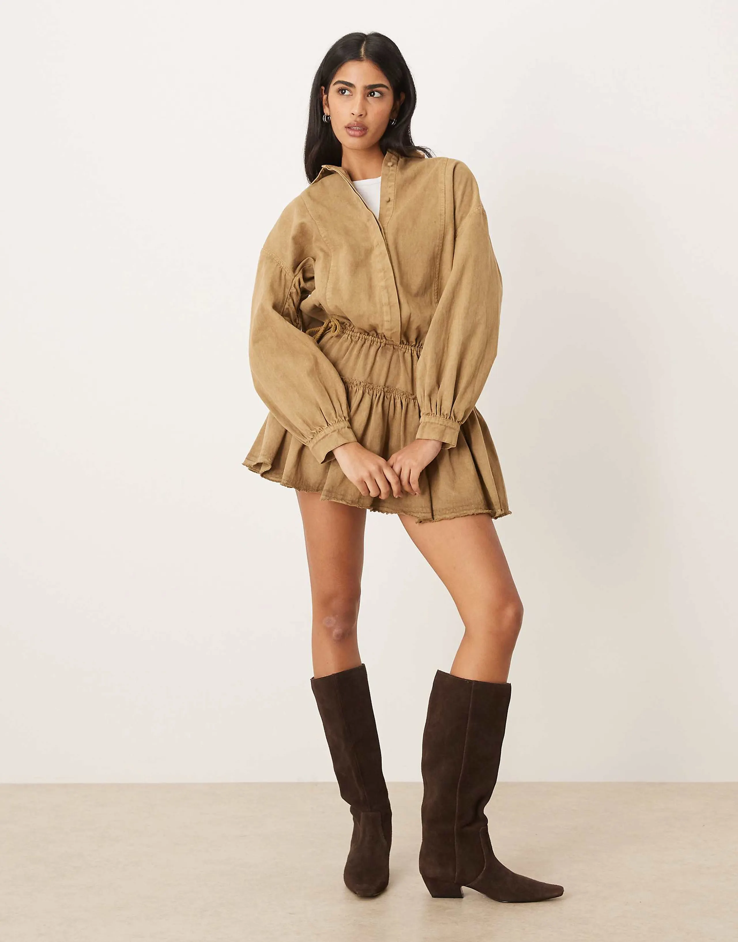 ASOS DESIGN long sleeve blouson tie waist mini shirt dress in washed gold