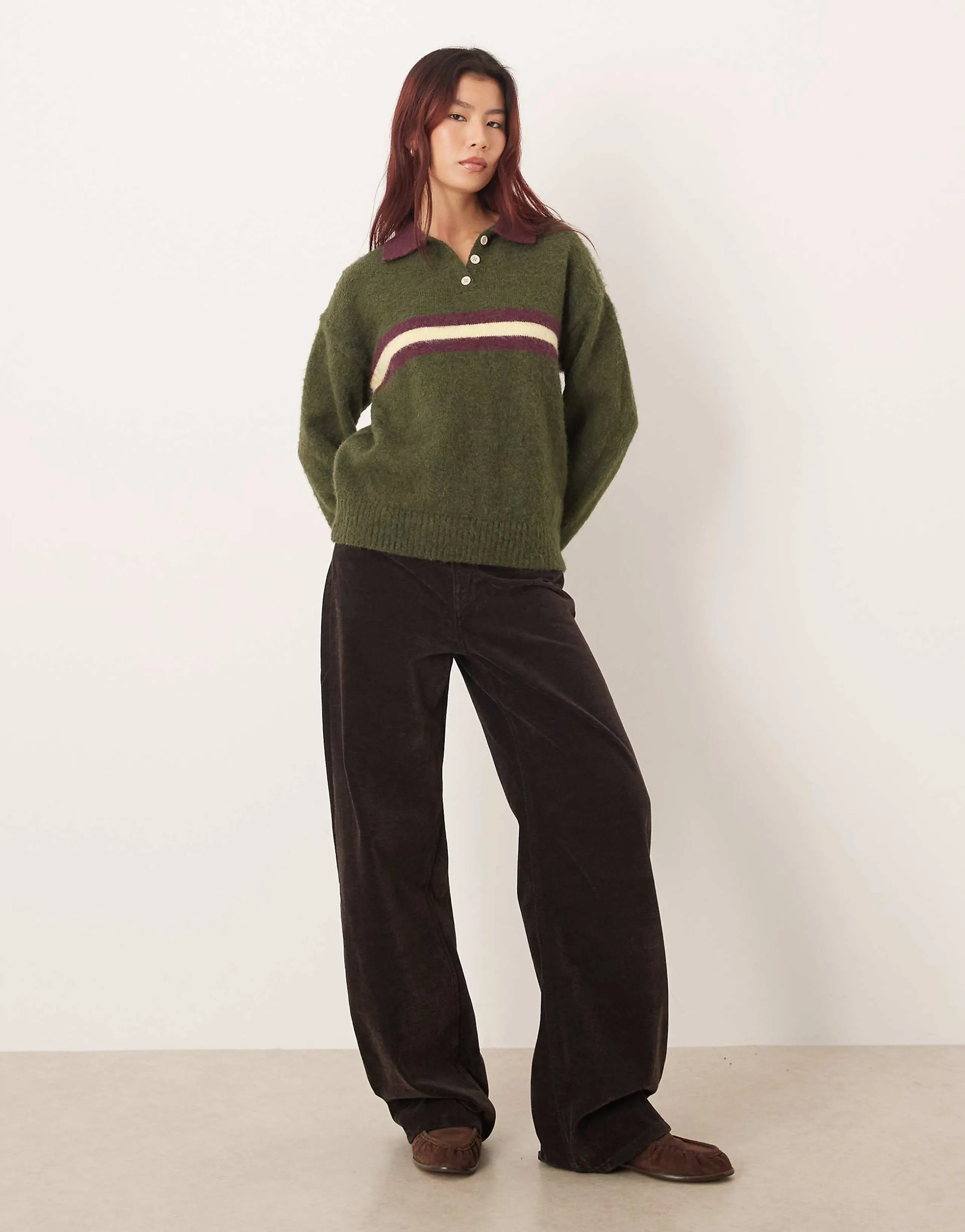 Motel Marvina striped knit polo sweater in khaki