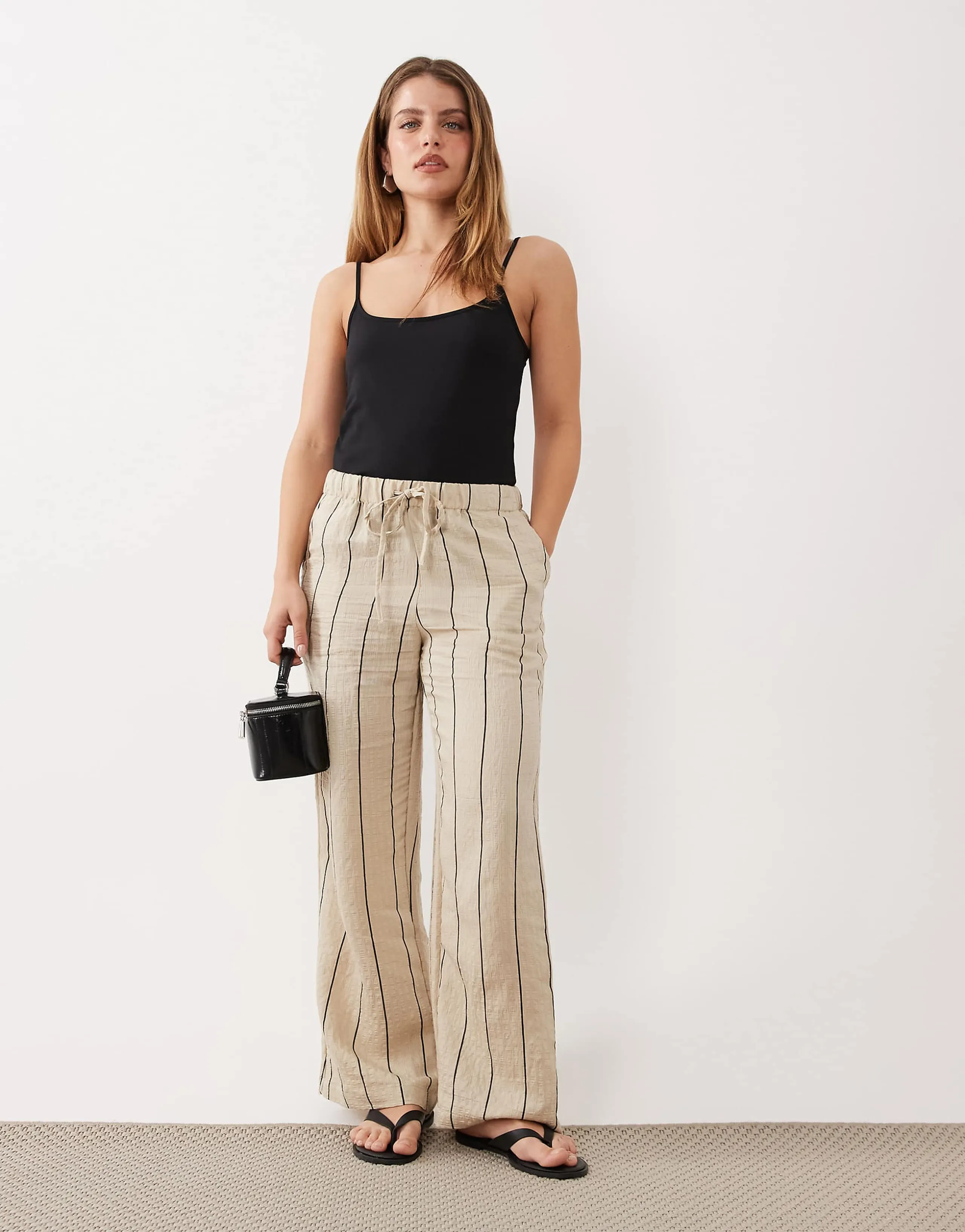 JDY Petite wide leg pants in beige and black stripes
