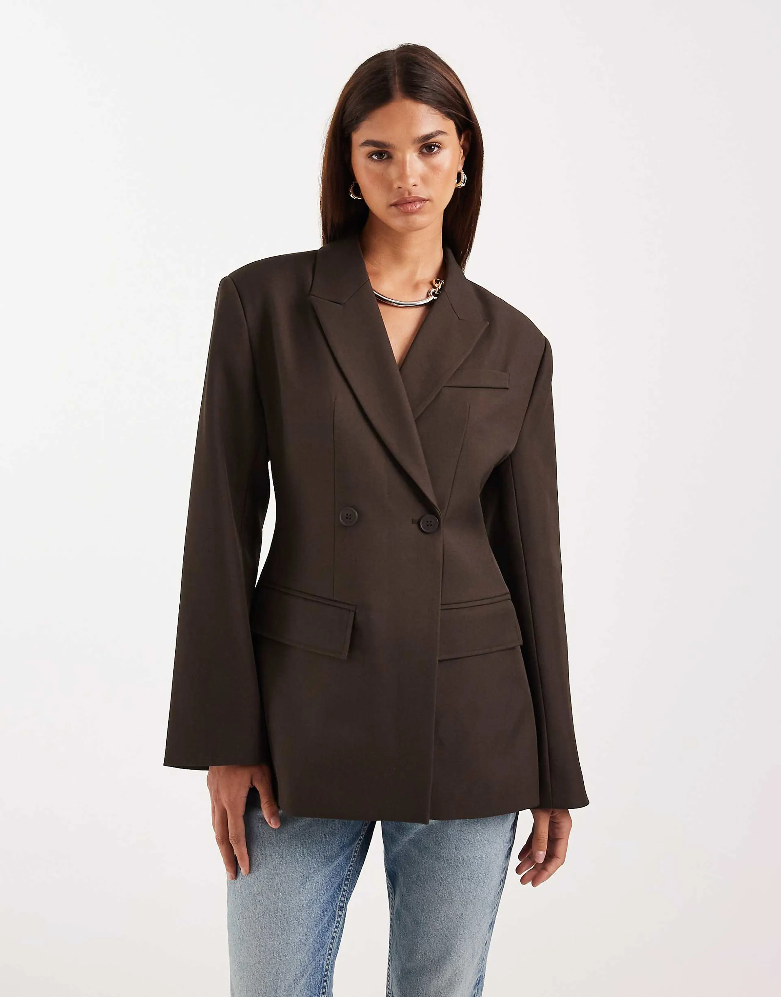 Gina Tricot shaped blazer with padded shoulders in dark brown