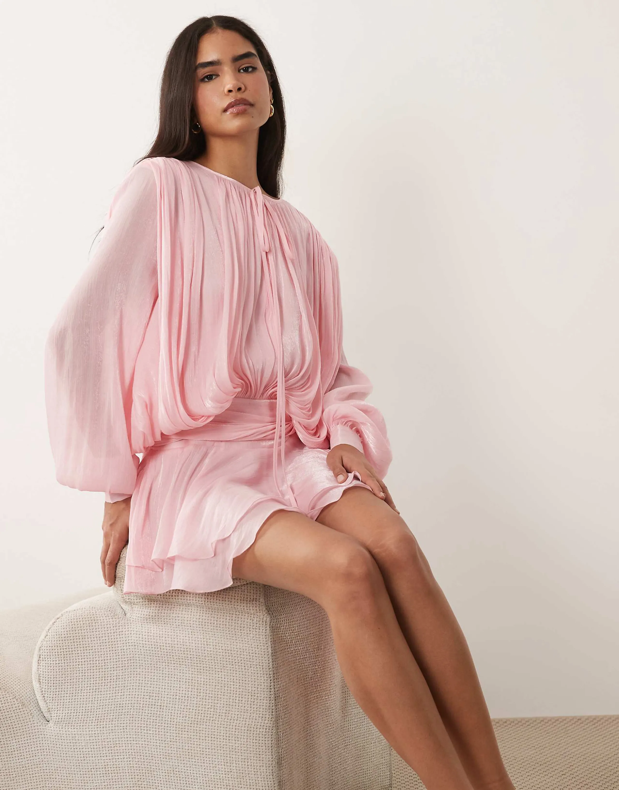 Lioness Elements high sheen chiffon drape detail balloon sleeve tie waist mini dress in baby pink
