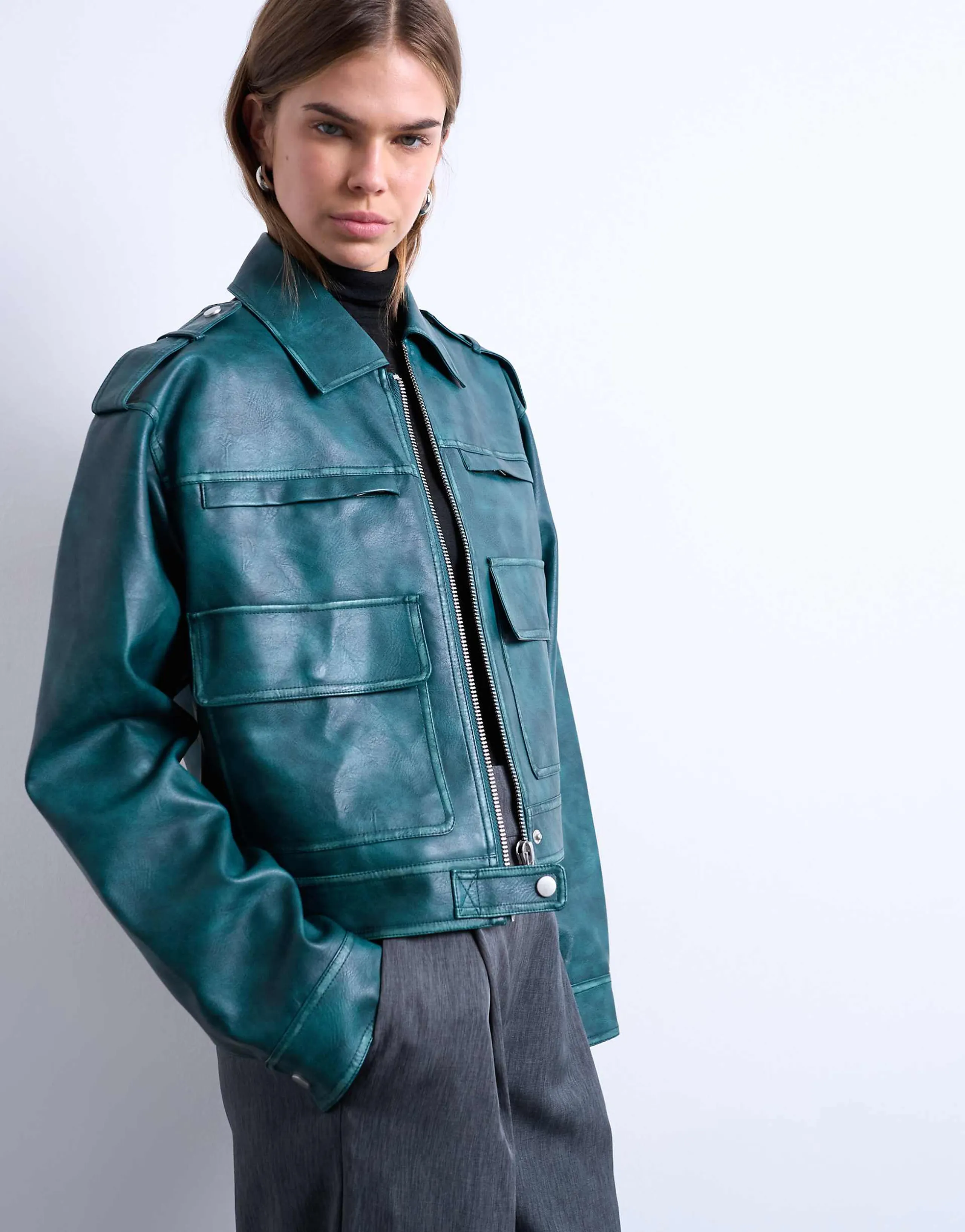 Topshop faux leather heavy washed zip up jacket in teal