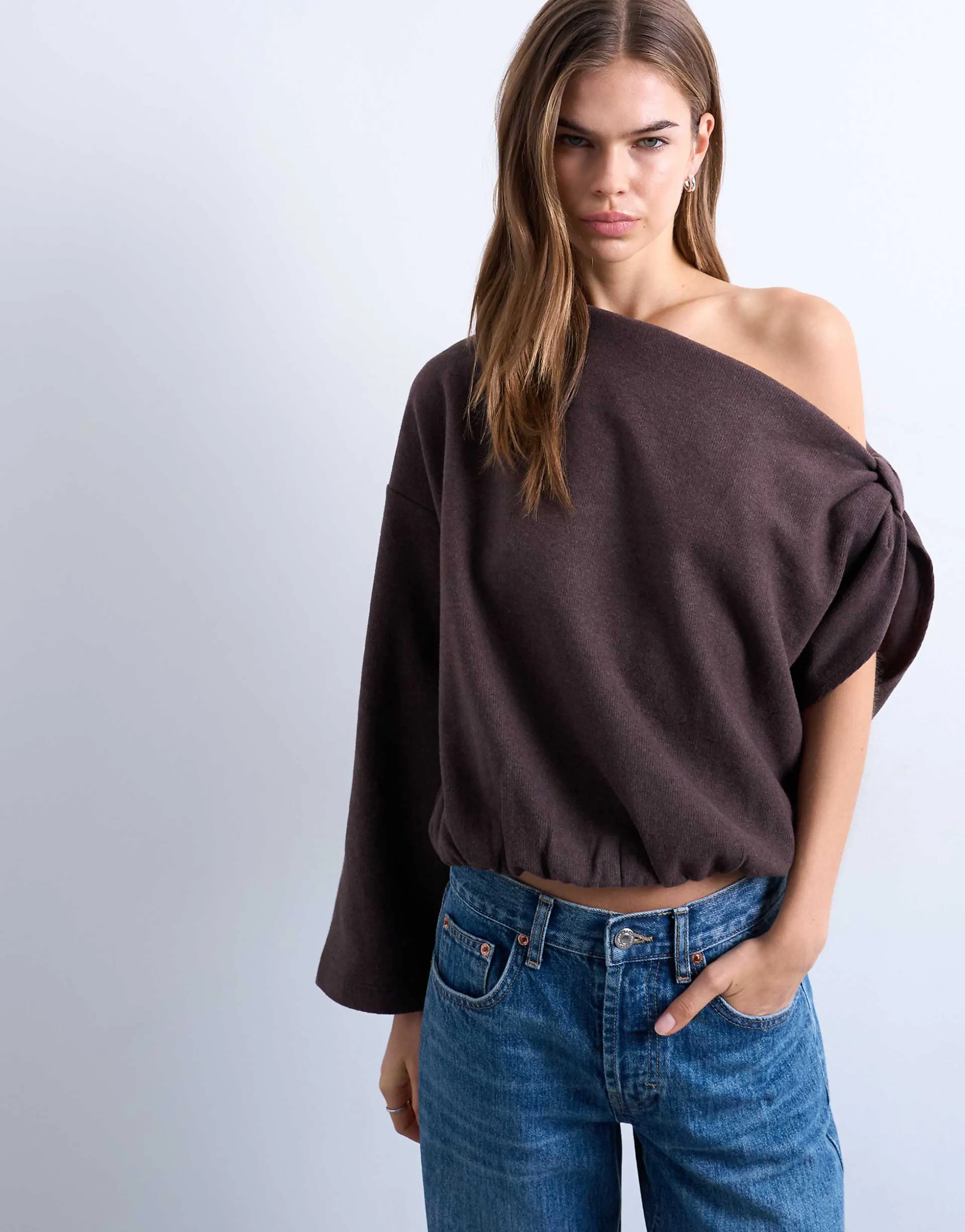 Topshop soft touch off shoulder knot side long sleeve top in chocolate