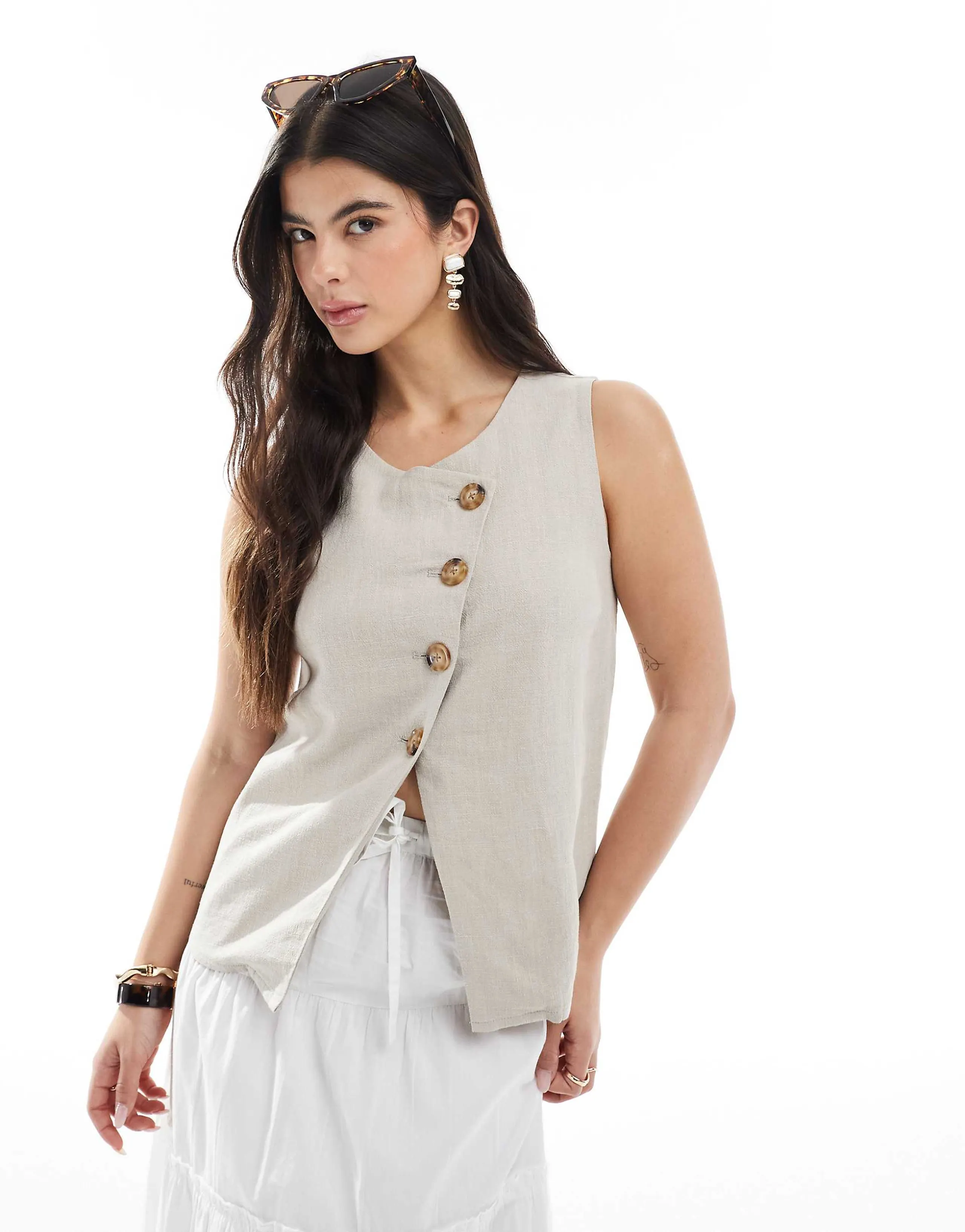 ASOS DESIGN linen look asymmetric button front vest in stone