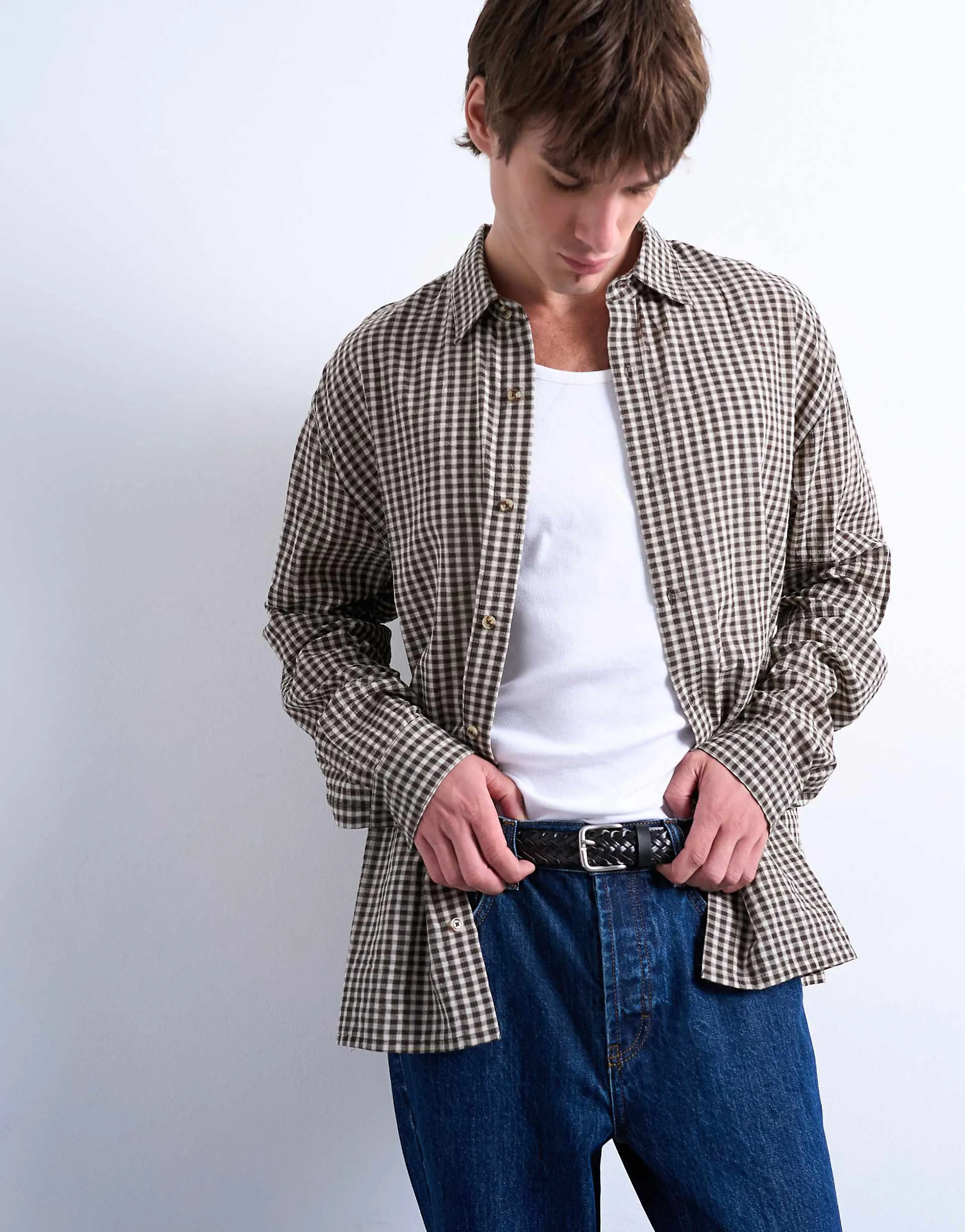Topman regular fit textured gingham plaid shirt in brown