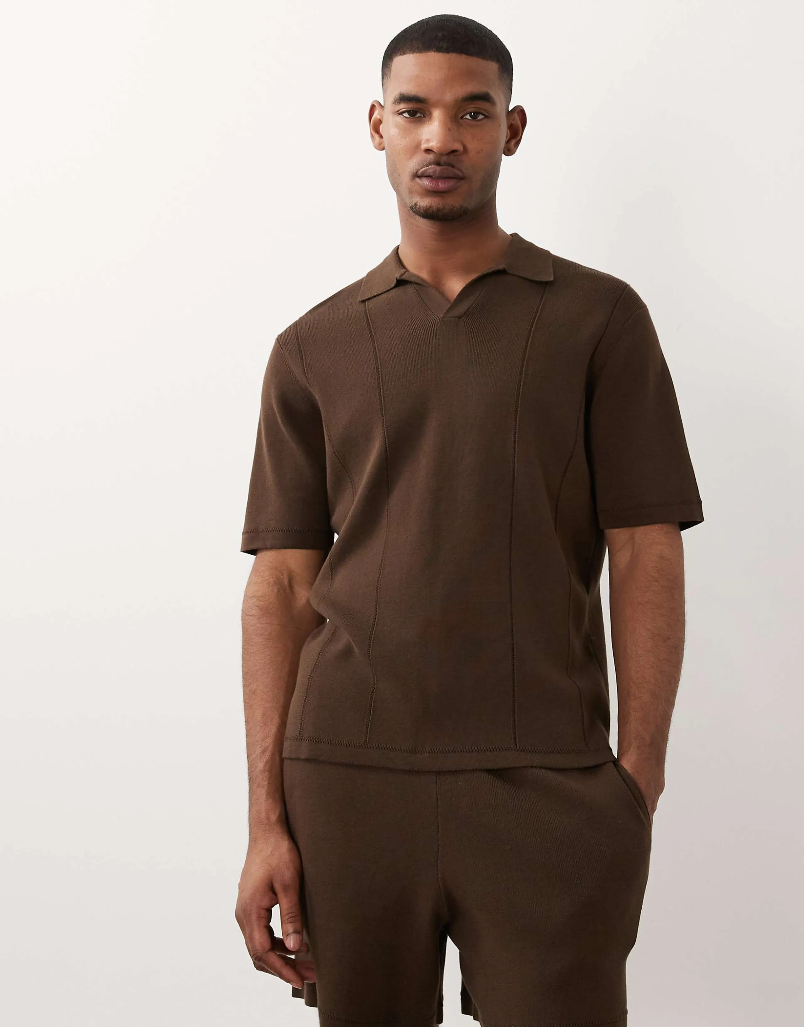 ASOS DESIGN relaxed compact knit polo in brown - part of a set