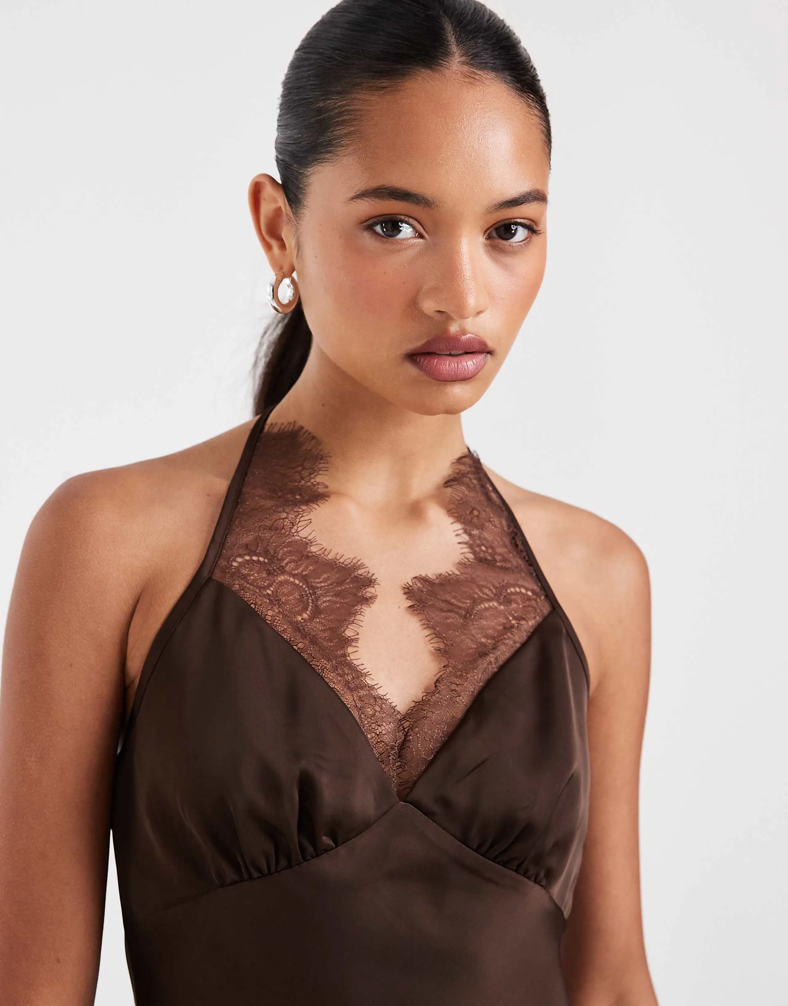 Kiss the Sky lace halterneck top with asymmetric hem in chocolate