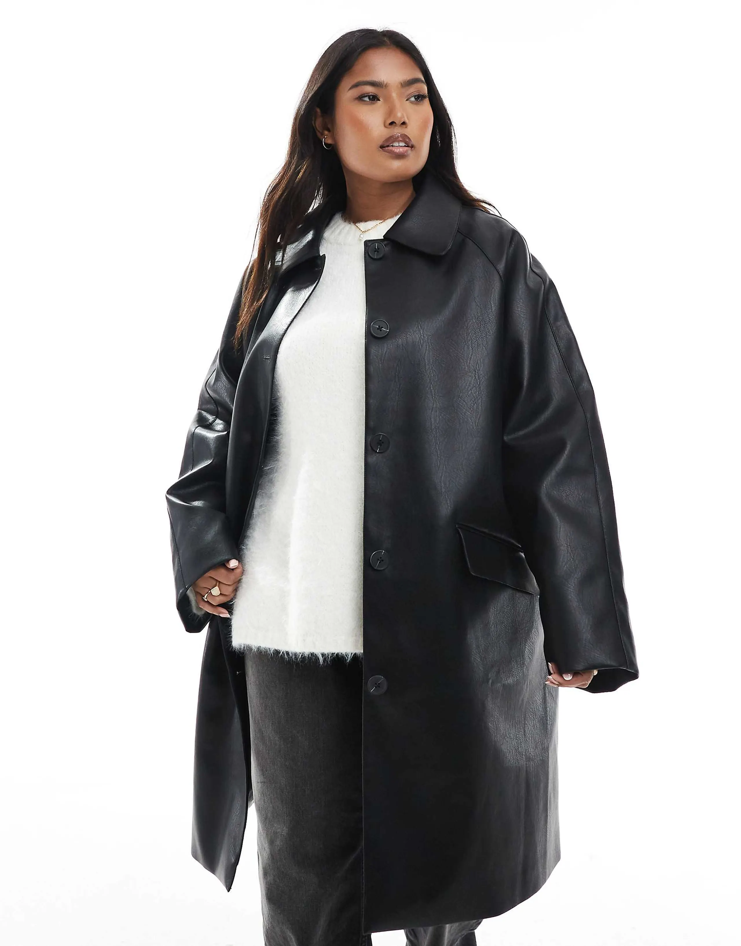 ASOS DESIGN Curve leather look car coat in black