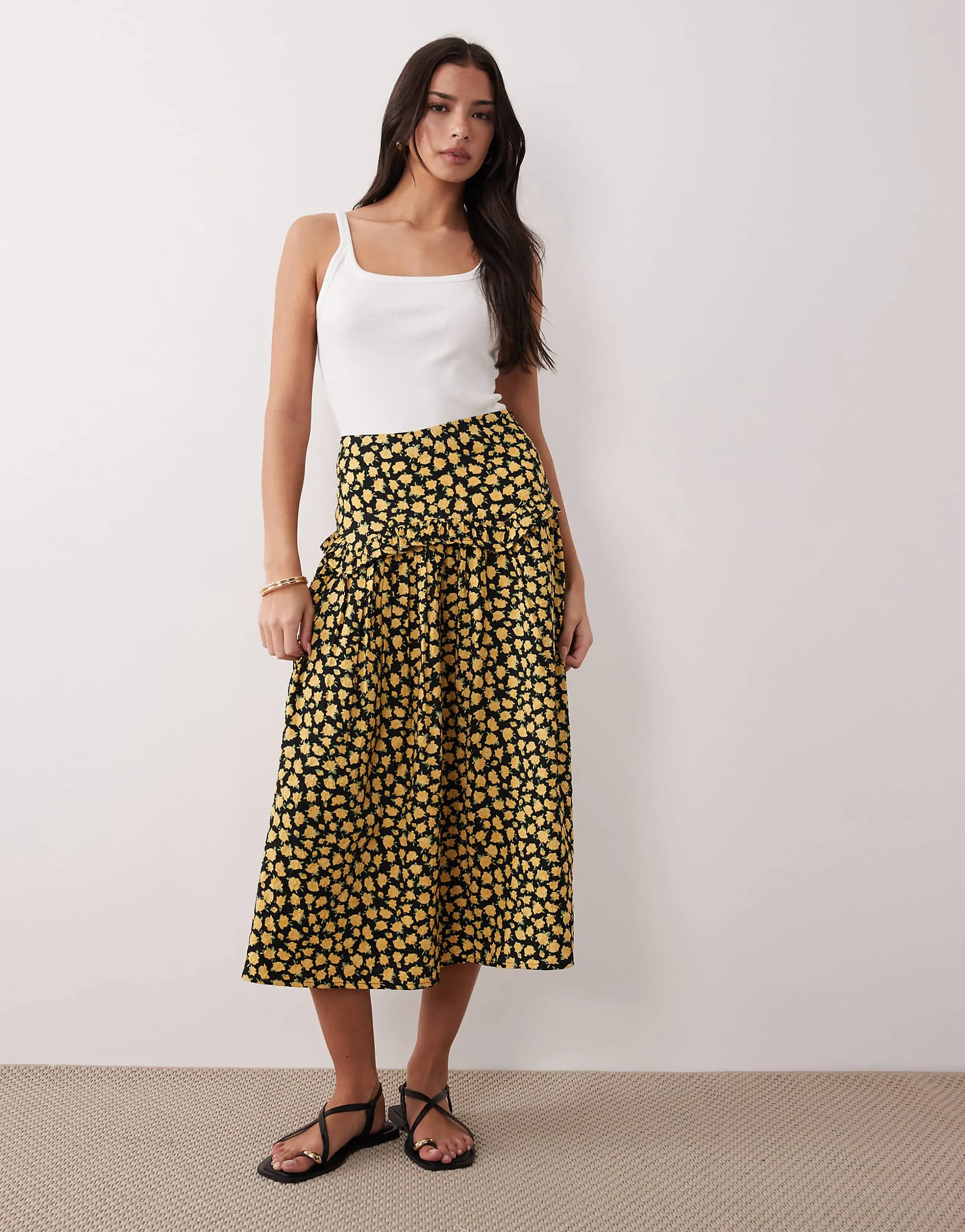 Wednesday's Girl ruffle midi skirt in yellow floral