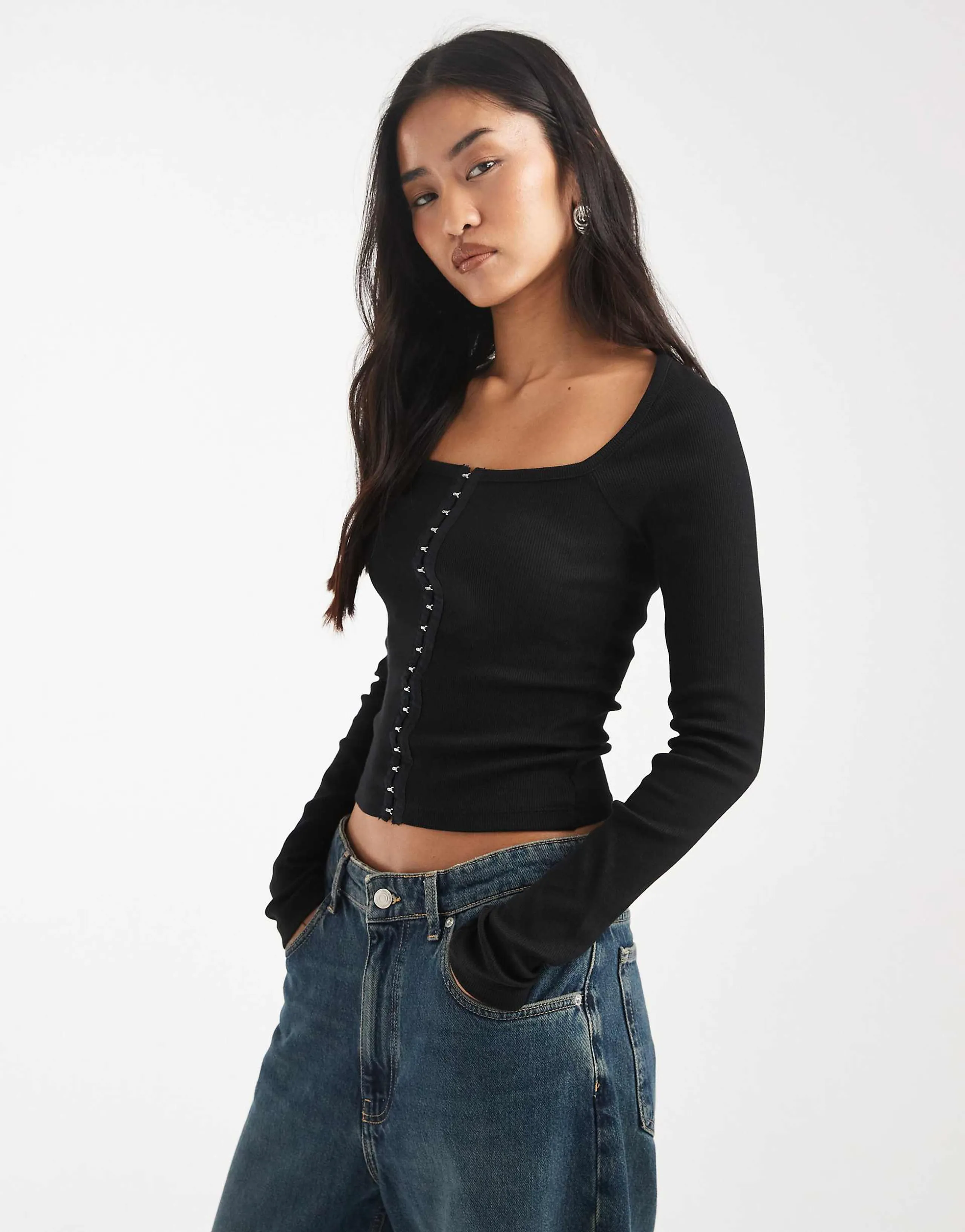 ASOS DESIGN cotton blend rib knit square neck long sleeve top with hook and eye front closures in black