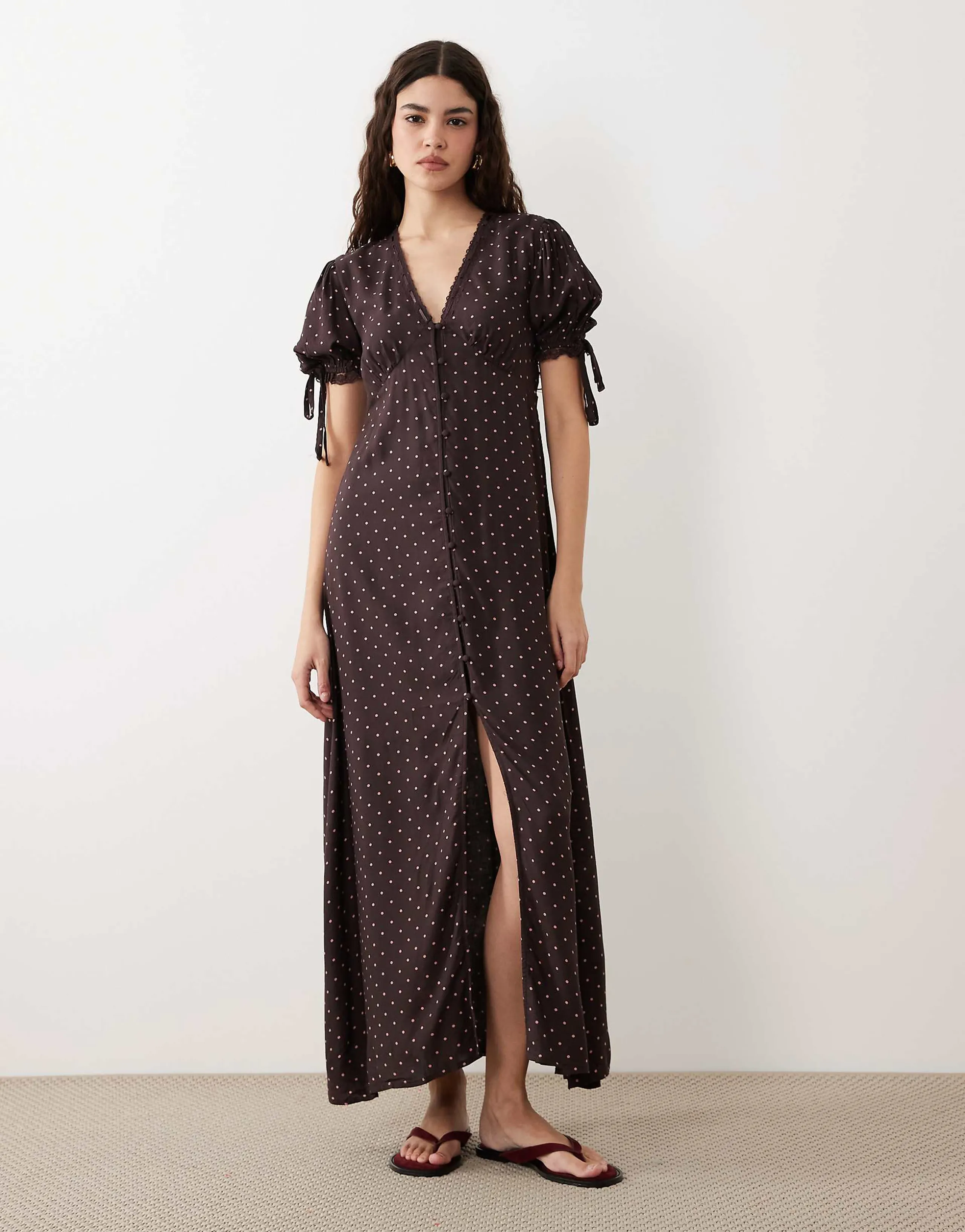 Miss Selfridge spun button up maxi tea dress in polka dot