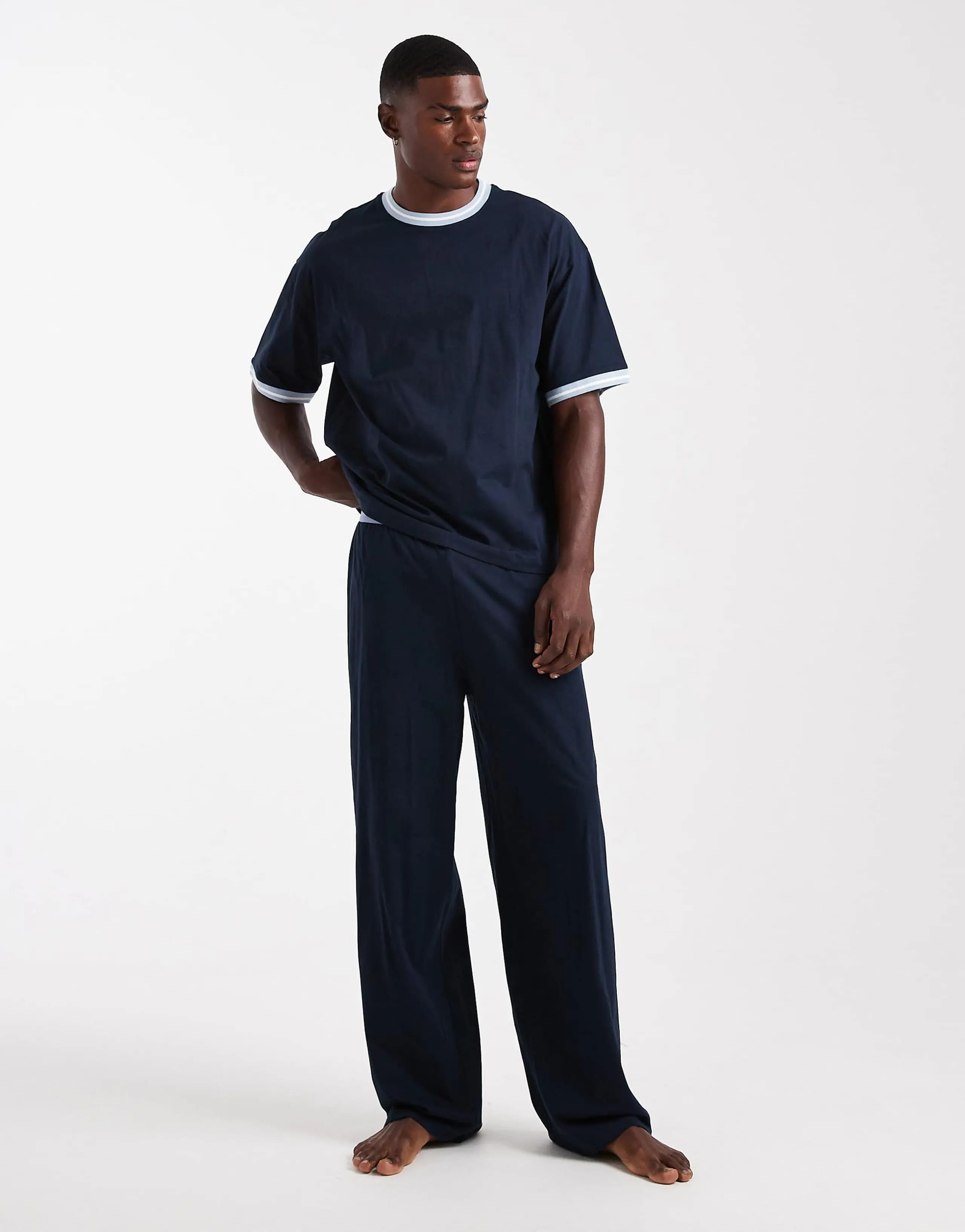 ASOS DESIGN pajama set with wide leg pant and contrast binding in navy