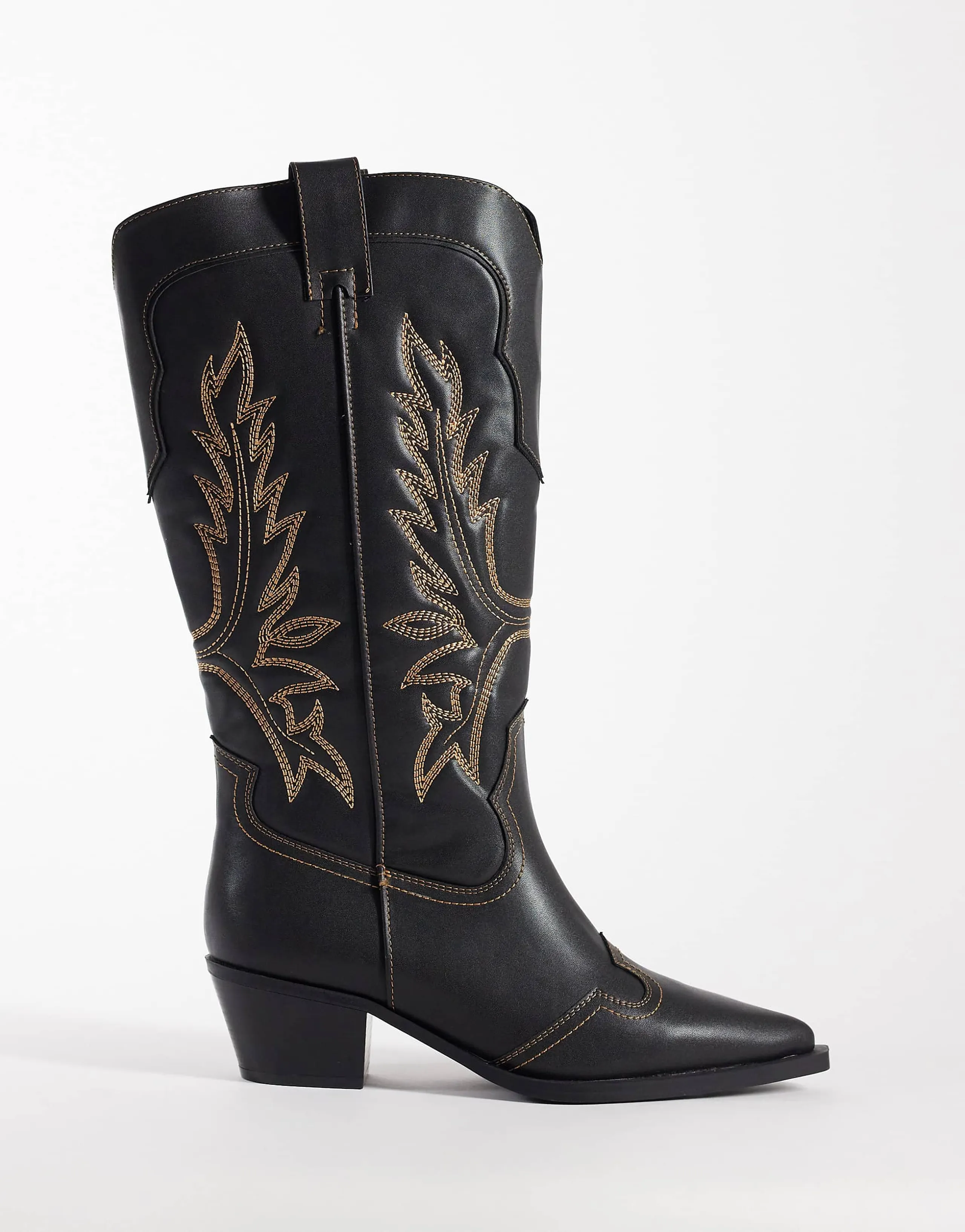 ASOS DESIGN Curve Celestine flat cowboy knee boots in black burnish