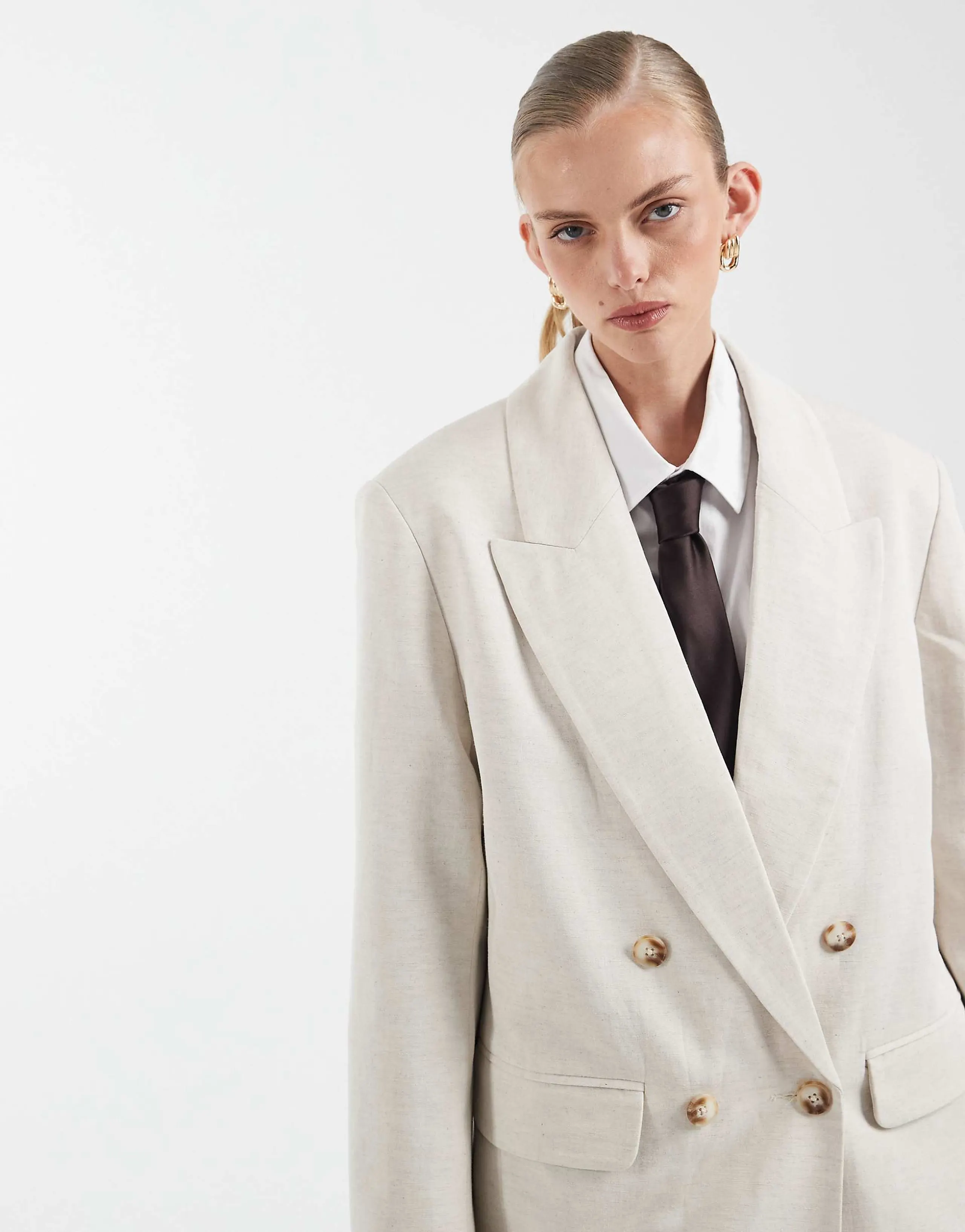 ASOS DESIGN tailored double breasted blazer with linen in natural 