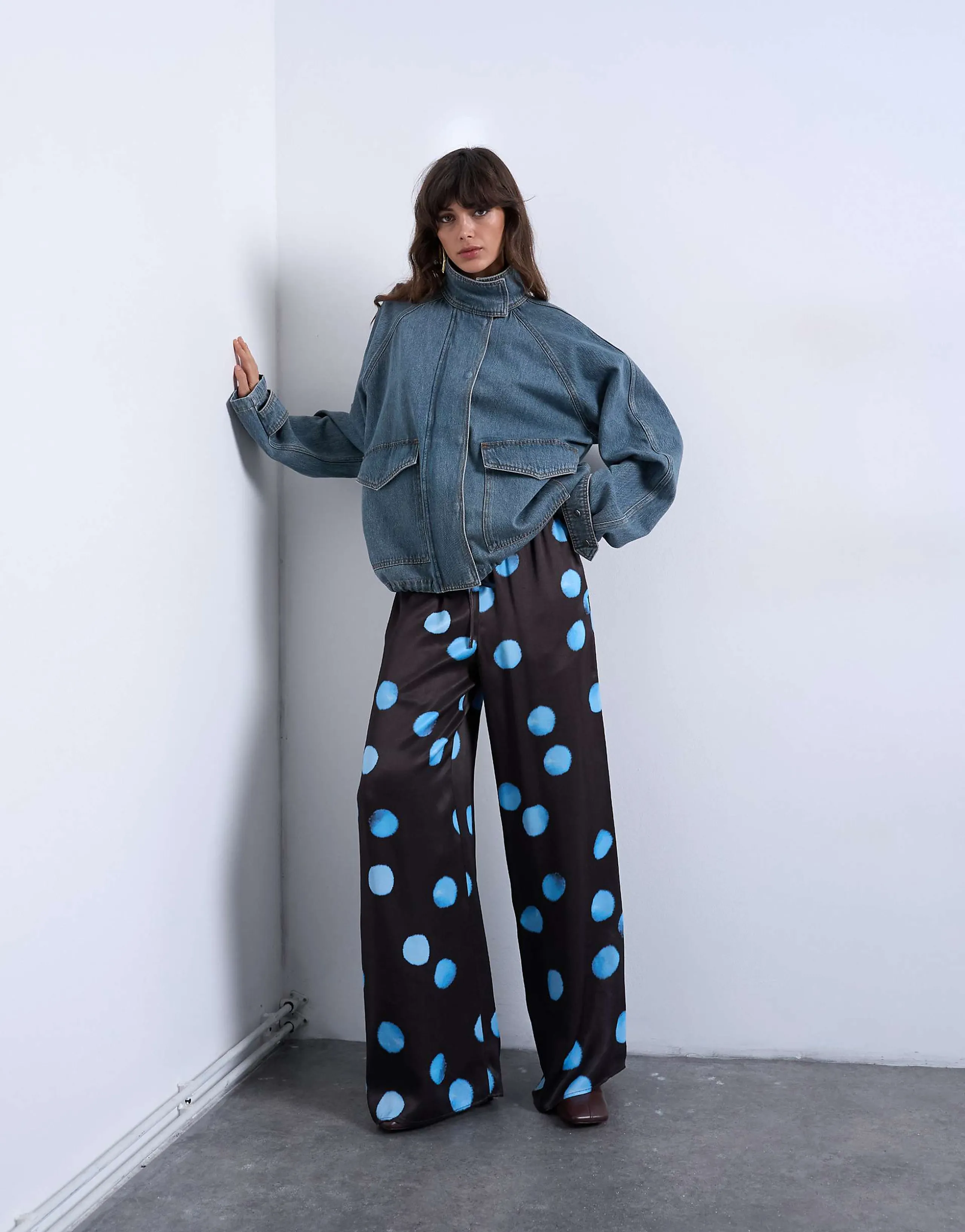 Topshop satin wide leg with tie waist pants in polka dot