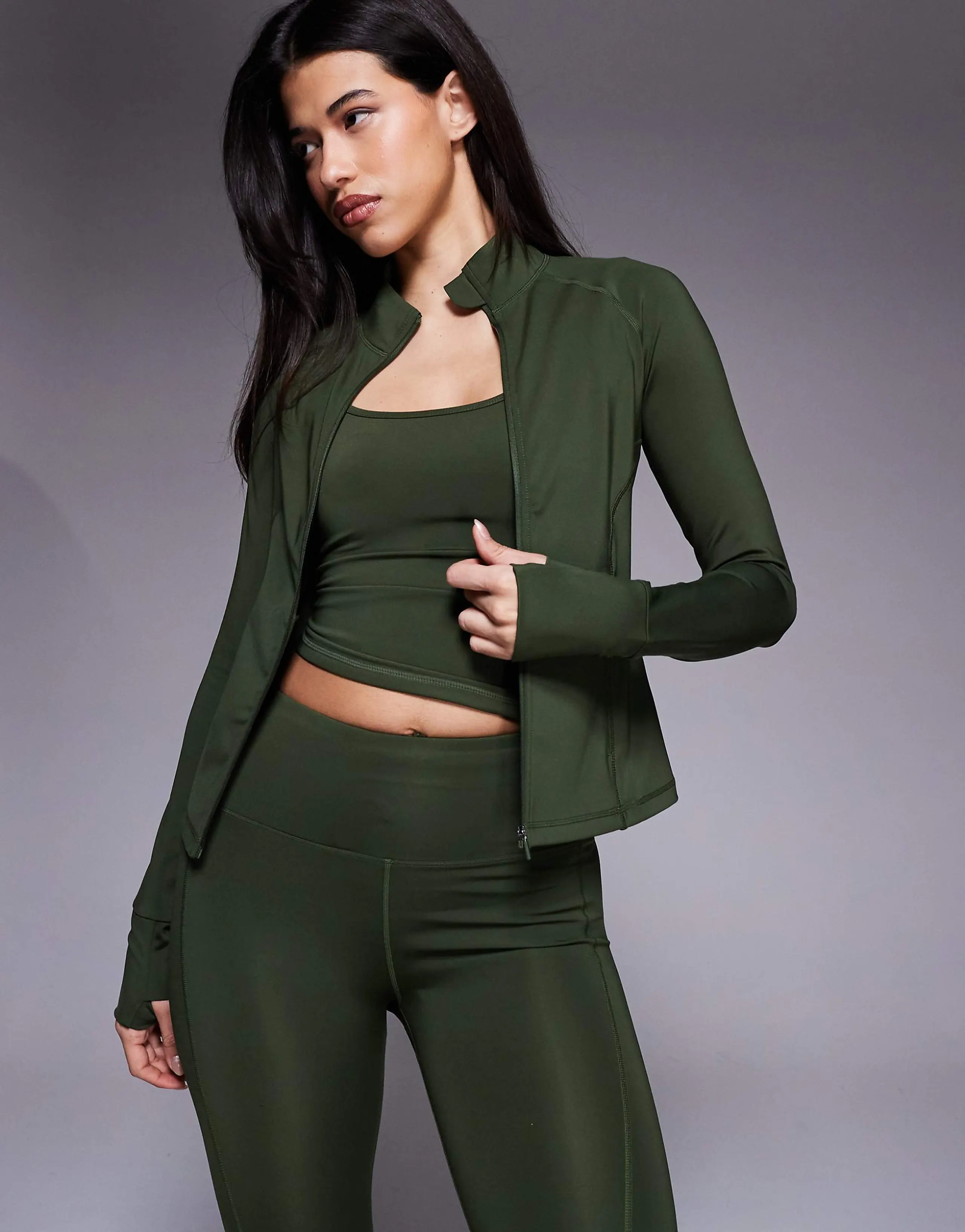 4505 Icon active zip up sculpting long sleeve jacket with zip pockets in khaki