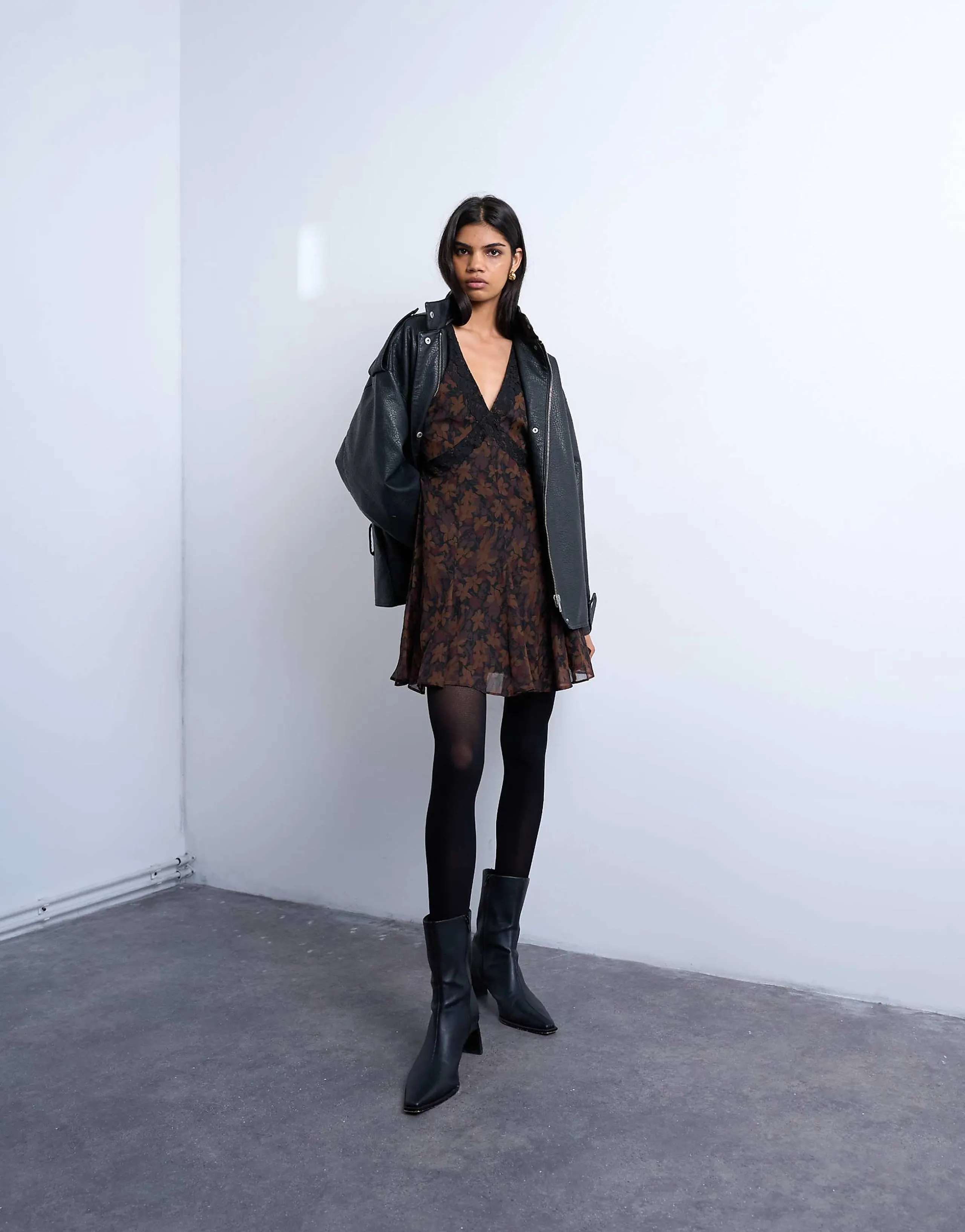 Topshop long sleeve lace trim mini day dress in dark-based floral