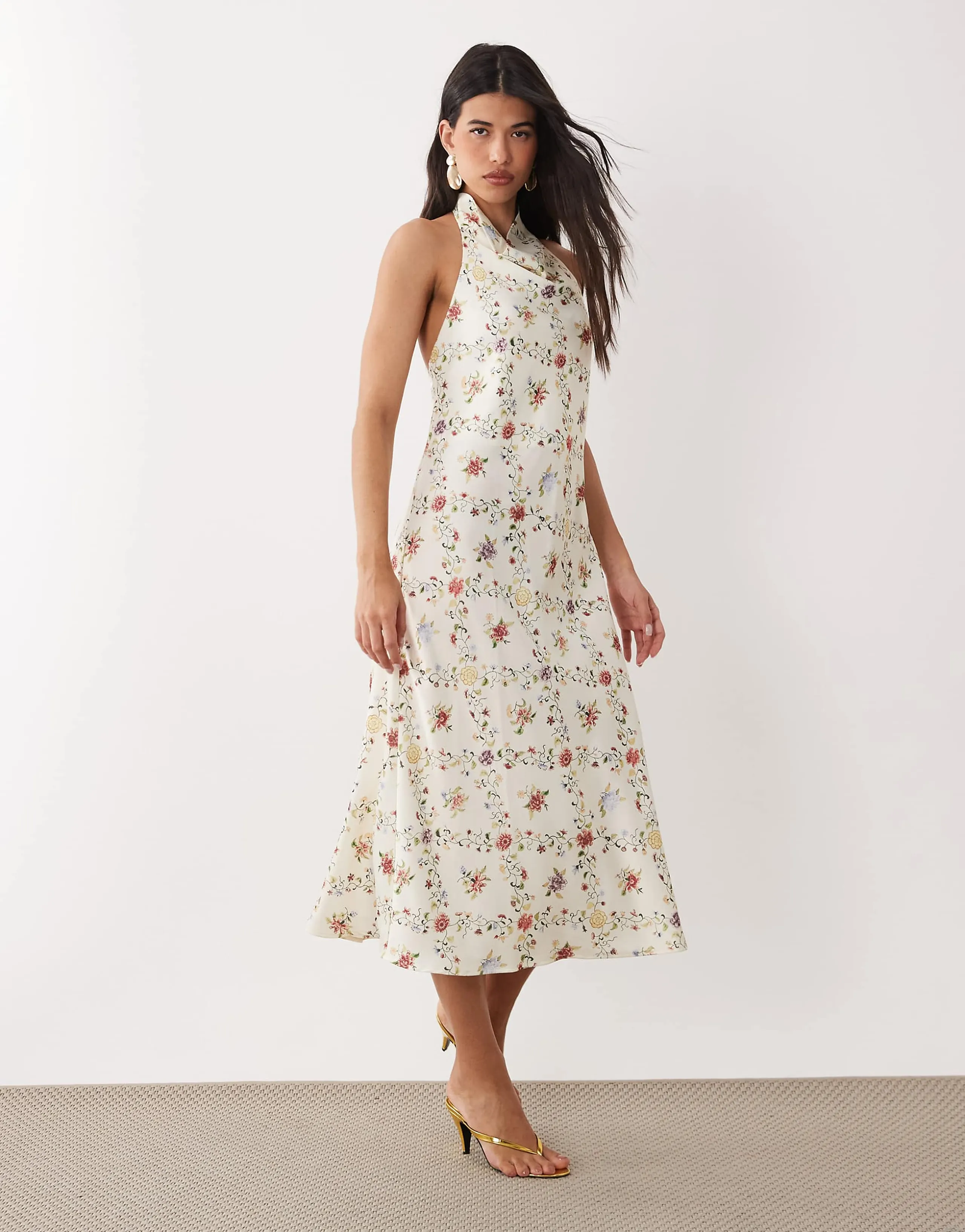 YAS halterneck backless satin maxi dress in white floral print