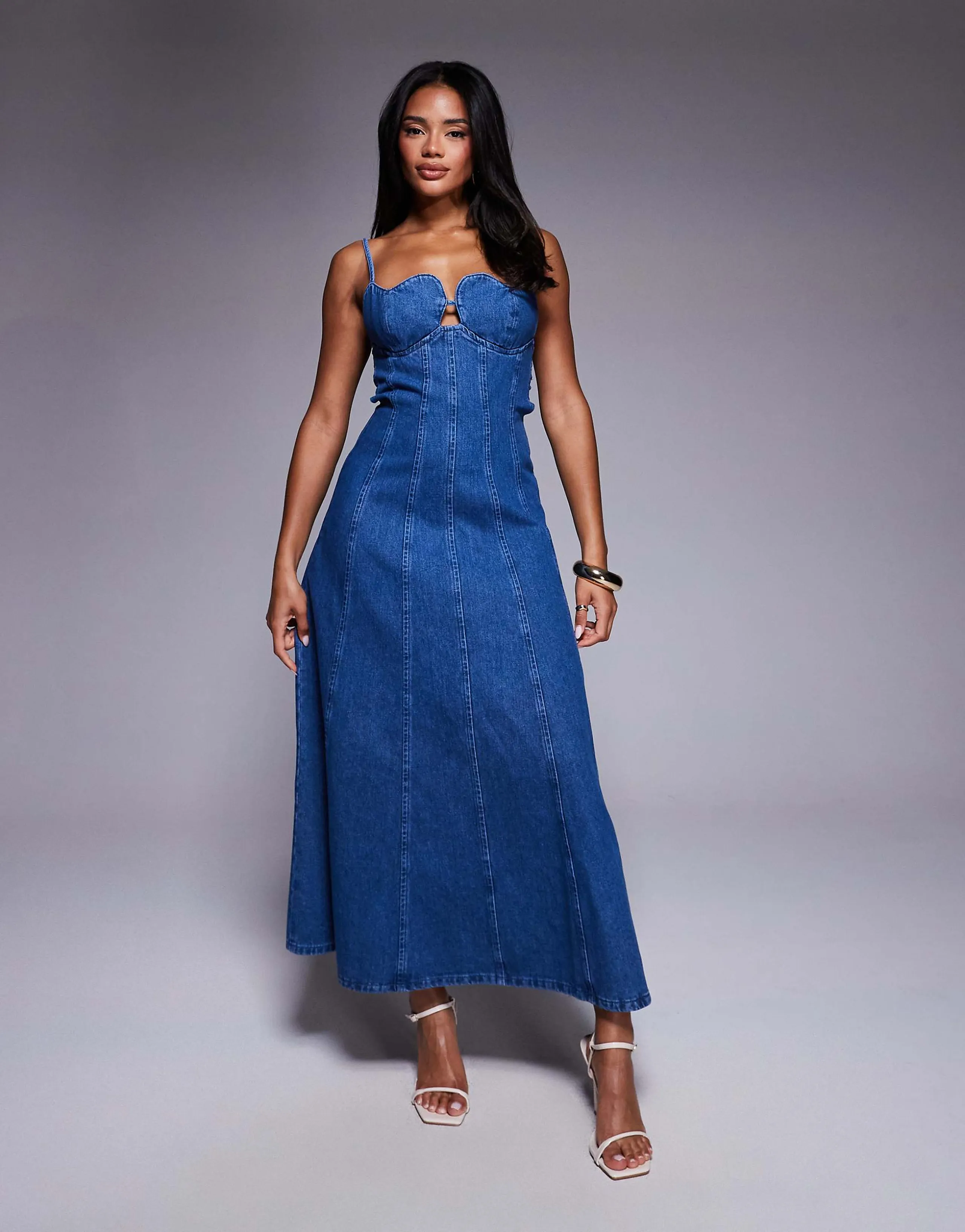 ASOS LUXE heart cup denim maxi dress in mid wash blue