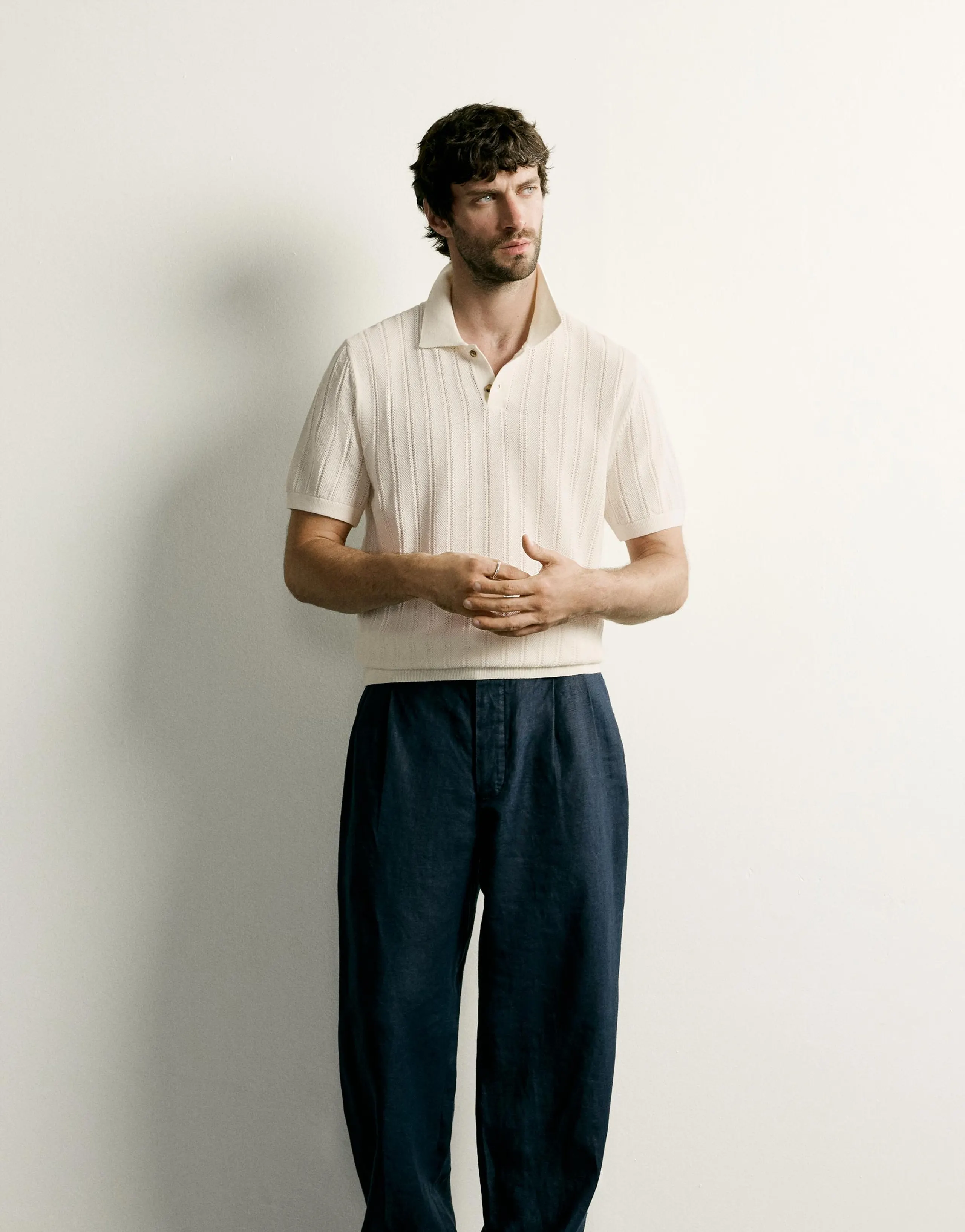OPEN-KNIT TEXTURED POLO SHIRT