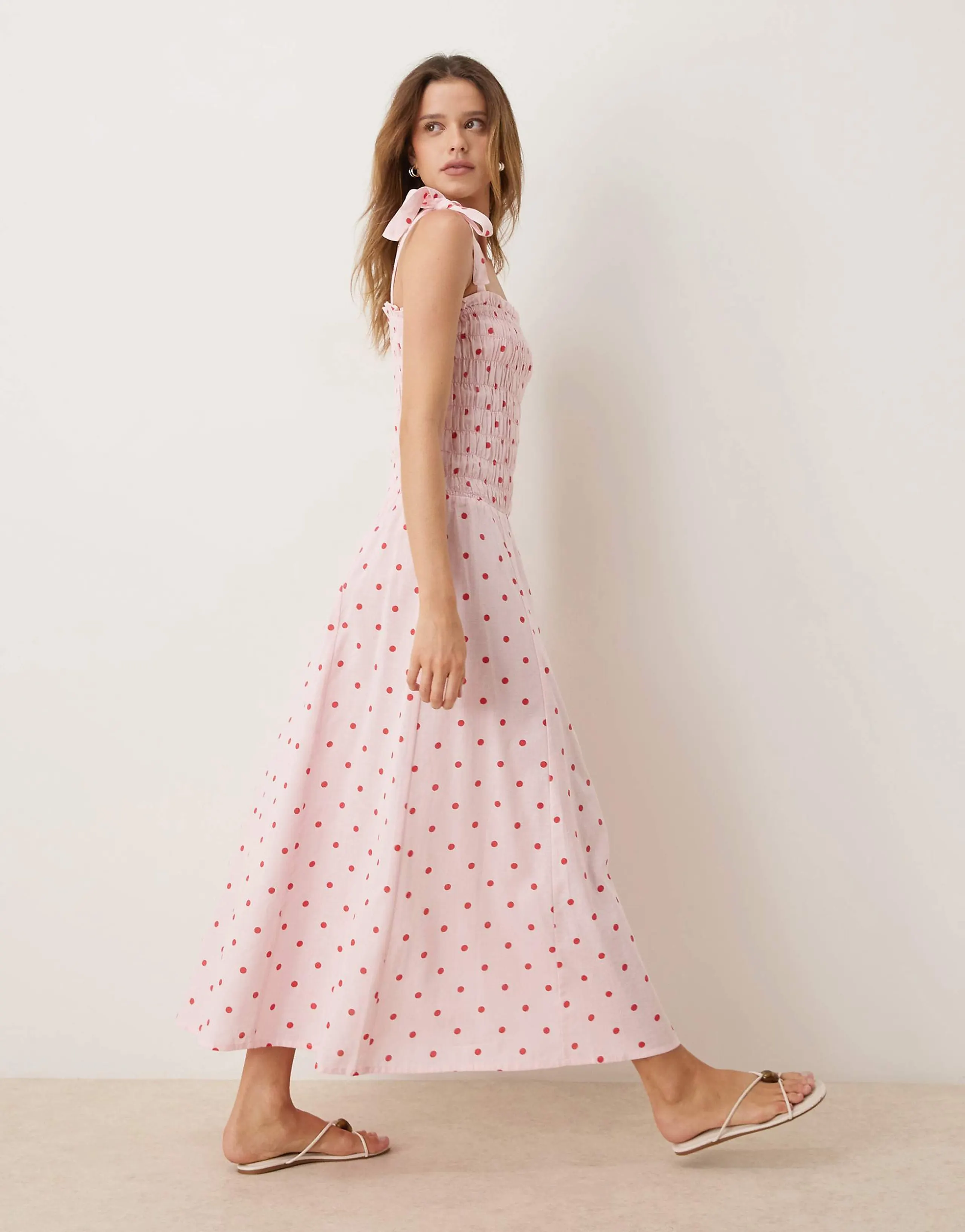 Esmée tie straps shirred beach midaxi dress in pink & red polka dots