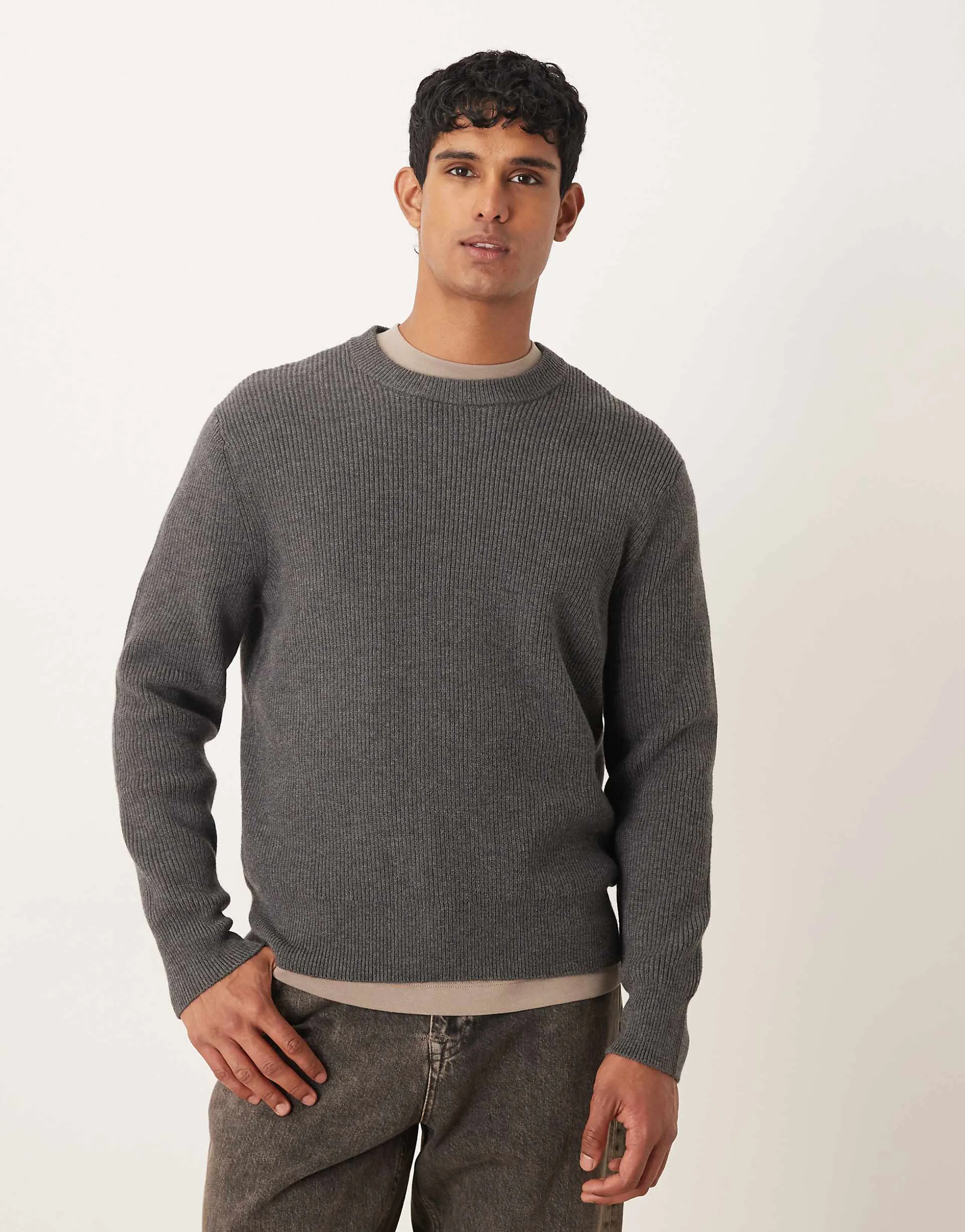 Mango wool mix relaxed fit ribbed sweater in charcoal