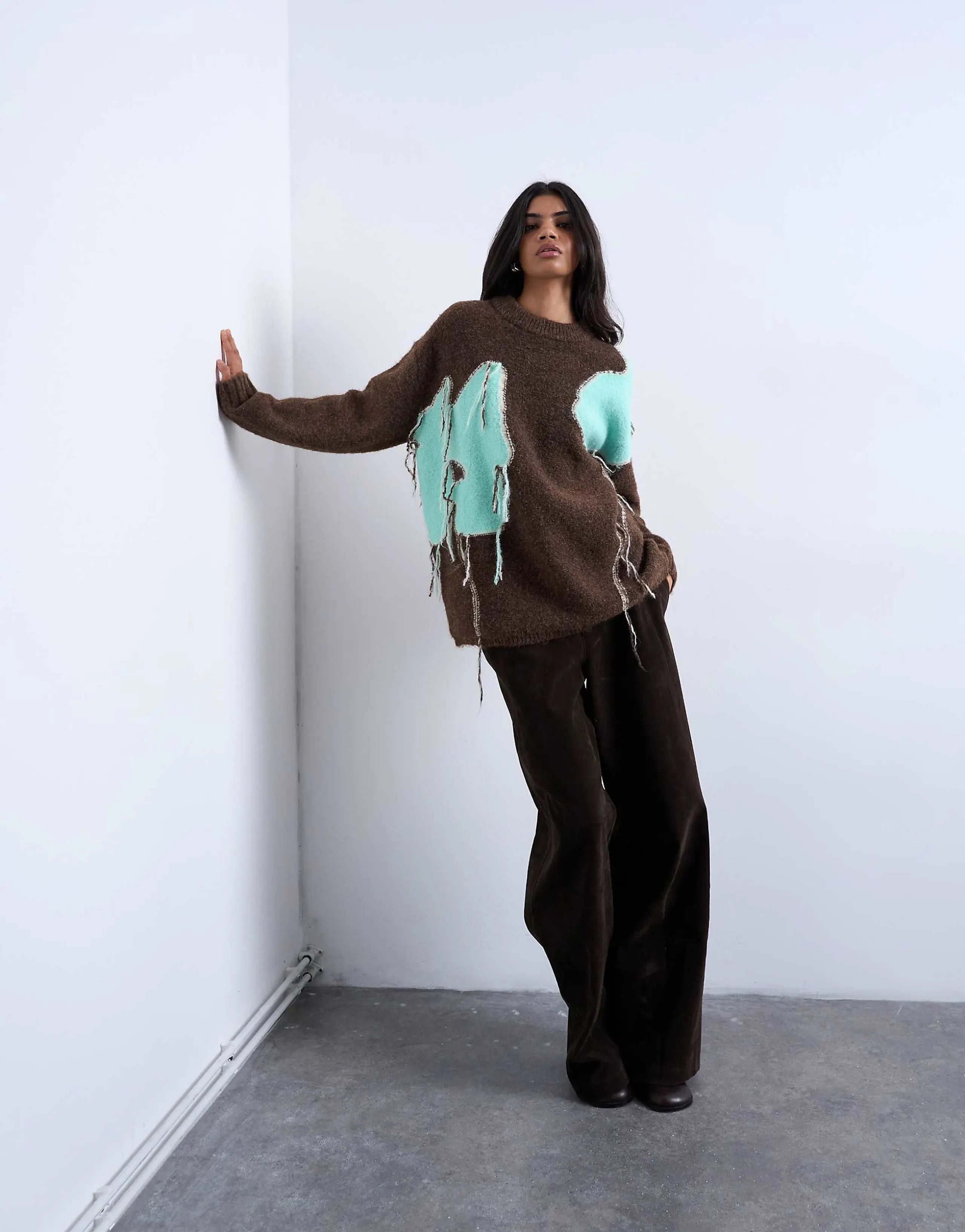 Topshop knit placement floral tassel sweater in chocolate