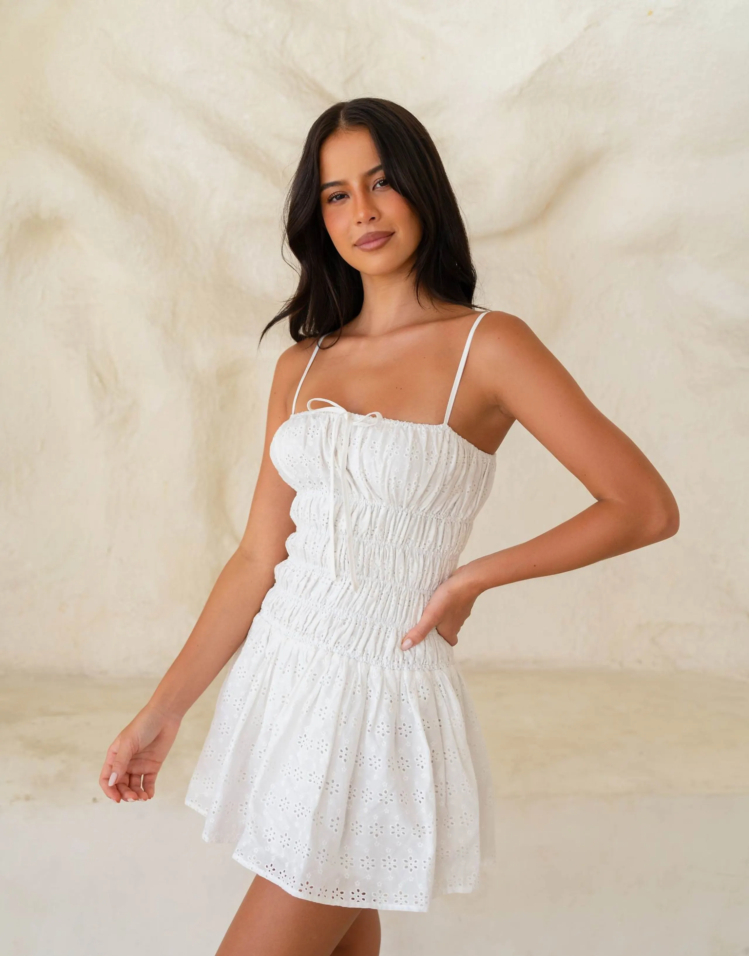 Aria Cove shirred tie front detail mini dress in white