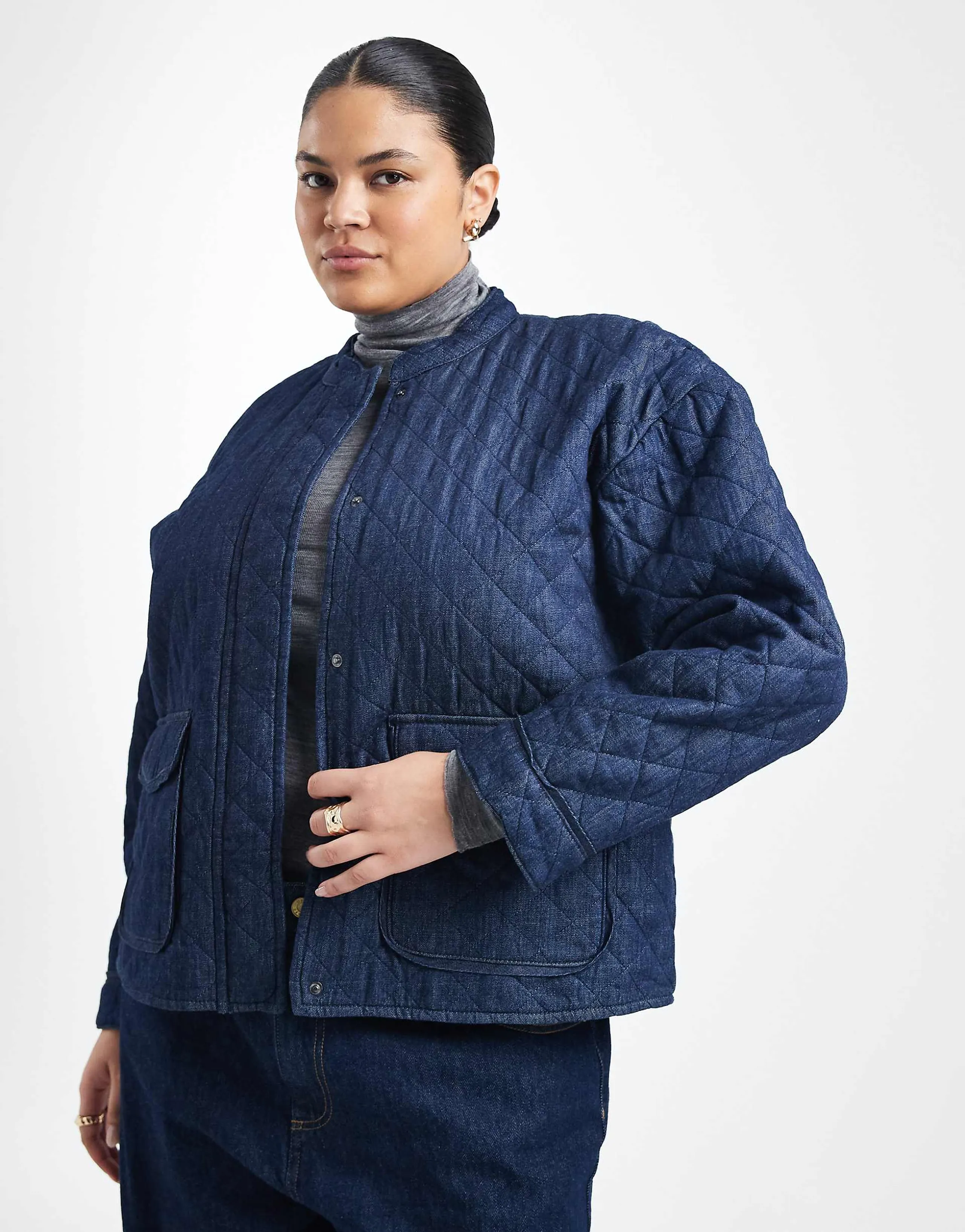 ONLY Curve quilted denim jacket in dark blue
